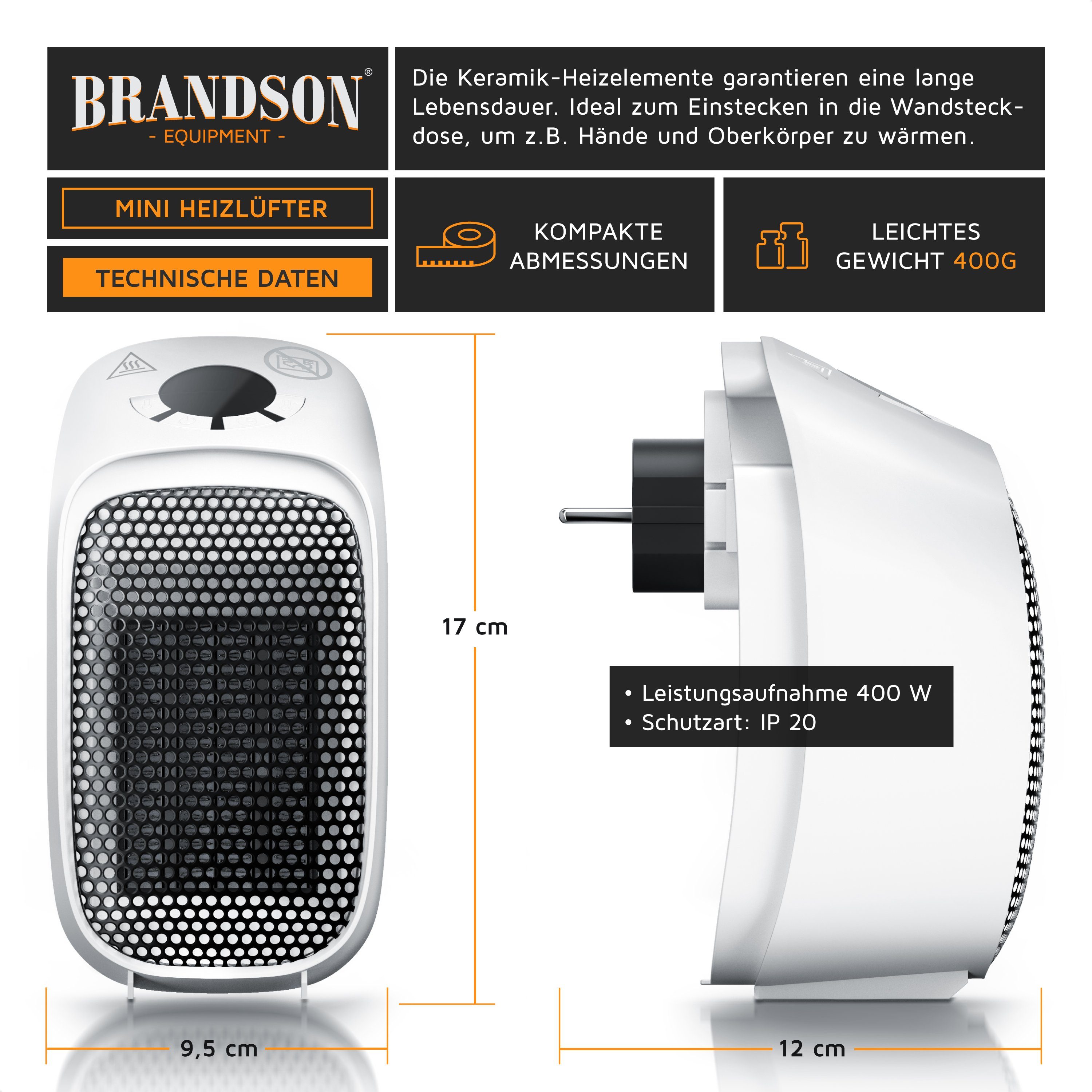 Brandson Keramikheizlüfter, 400 W, Steckdosen Mini Heizlüfter, Mini Keramik günstig online kaufen