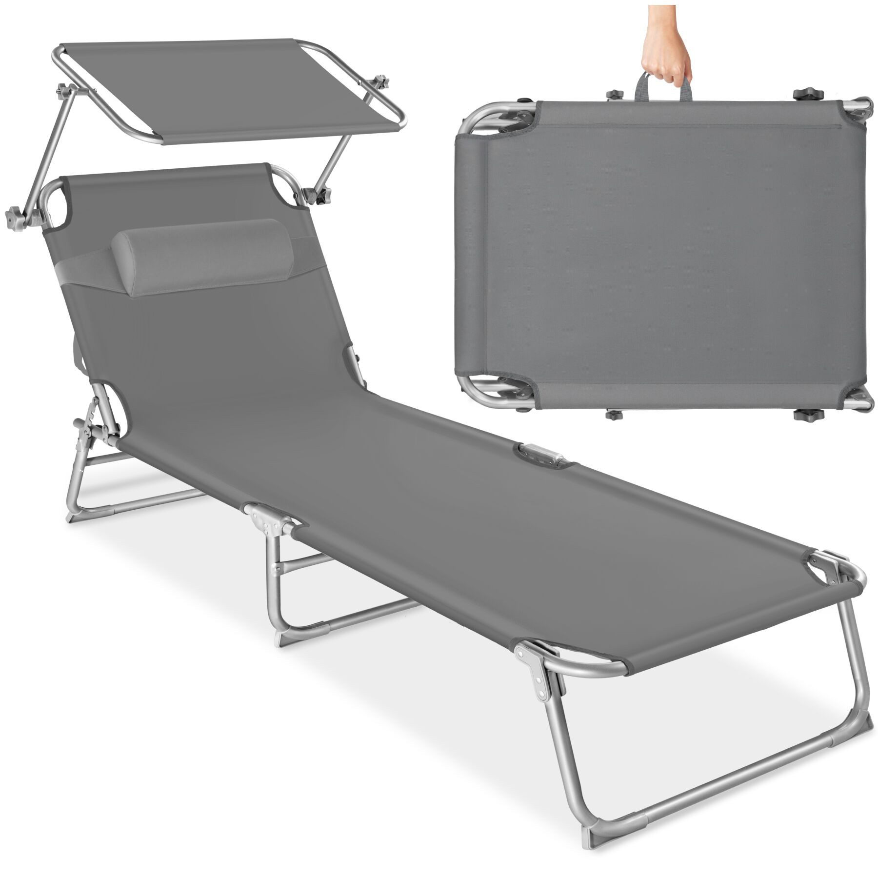 tectake Gartenliege Sonnenliege, verstellbare Rückenlehne mit Kopfpolster, 190x68x111cm, Liegestuhl Chloé, 1 St., in Grau, klappbar, verstellbares Sonnendach, widerstandsfähig und UV-beständig