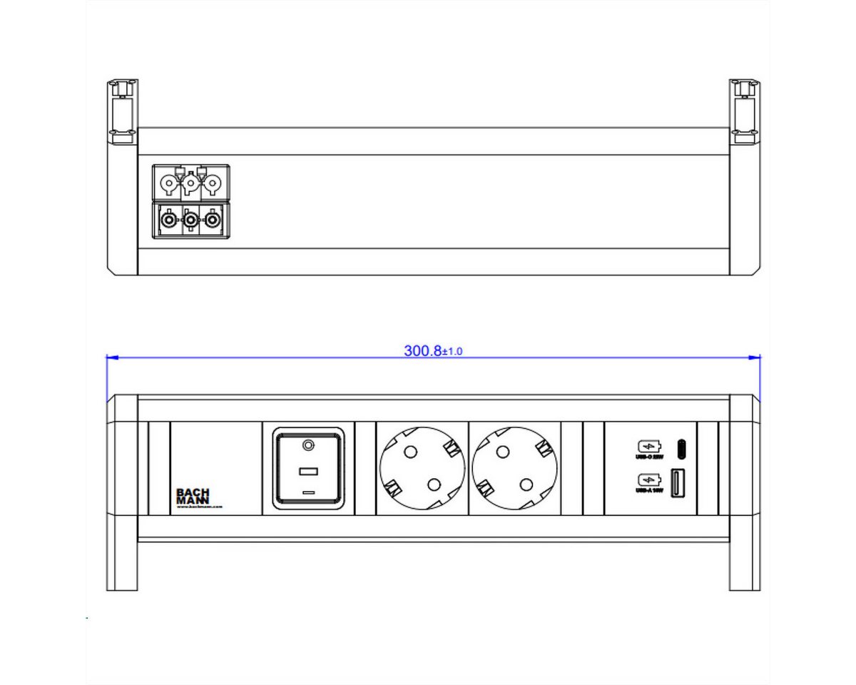 Thumbnail - Bachmann DESK 2xCEE7/3 1xSchalter 1xUSB A/C 22W GST18 RAL9010 Steckdosenleiste