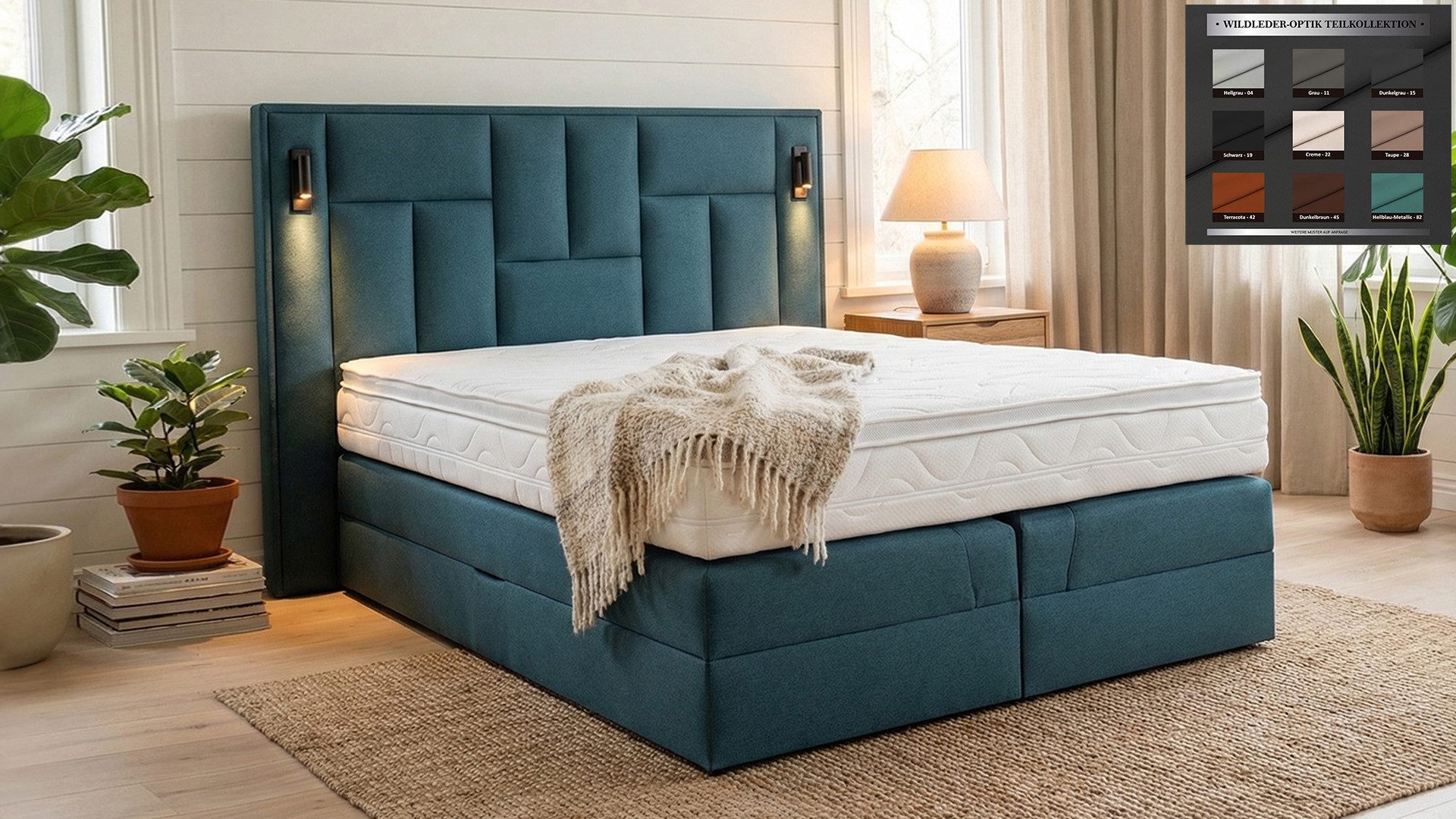 PAARA Boxspringbett mit LED Beleuchtung und Stauraum inkl. Matratze und Topper, mit innovativem Belüftungssystem