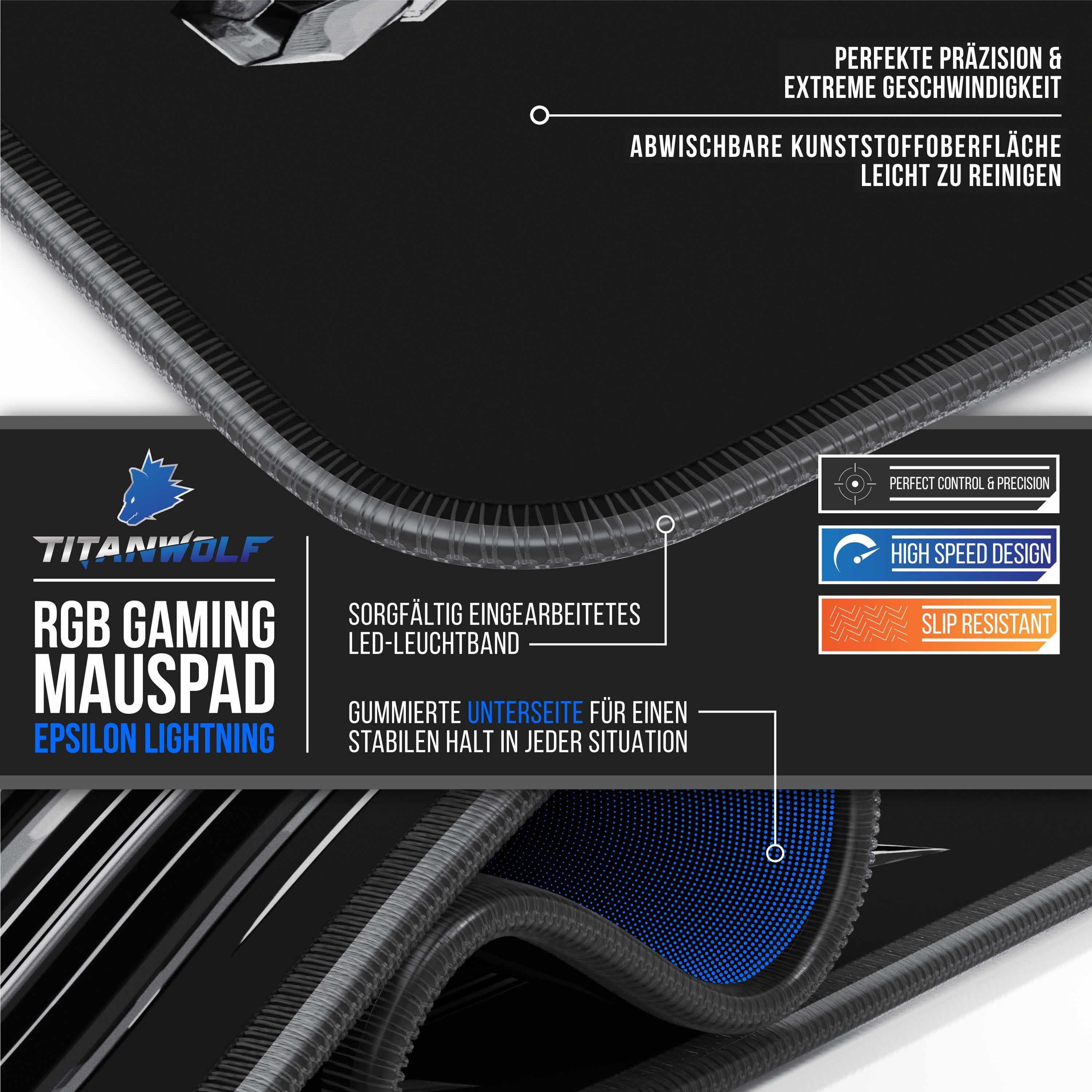 Titanwolf Gaming Mauspad RGB Mousepad 800 x 300 x 3 mm, LED Multi Color XL Tischunterlage (1-St), rutschfest, abwaschbar, Geschwindigkeit & Präzision, Epsilon – Bild 5 von 5
