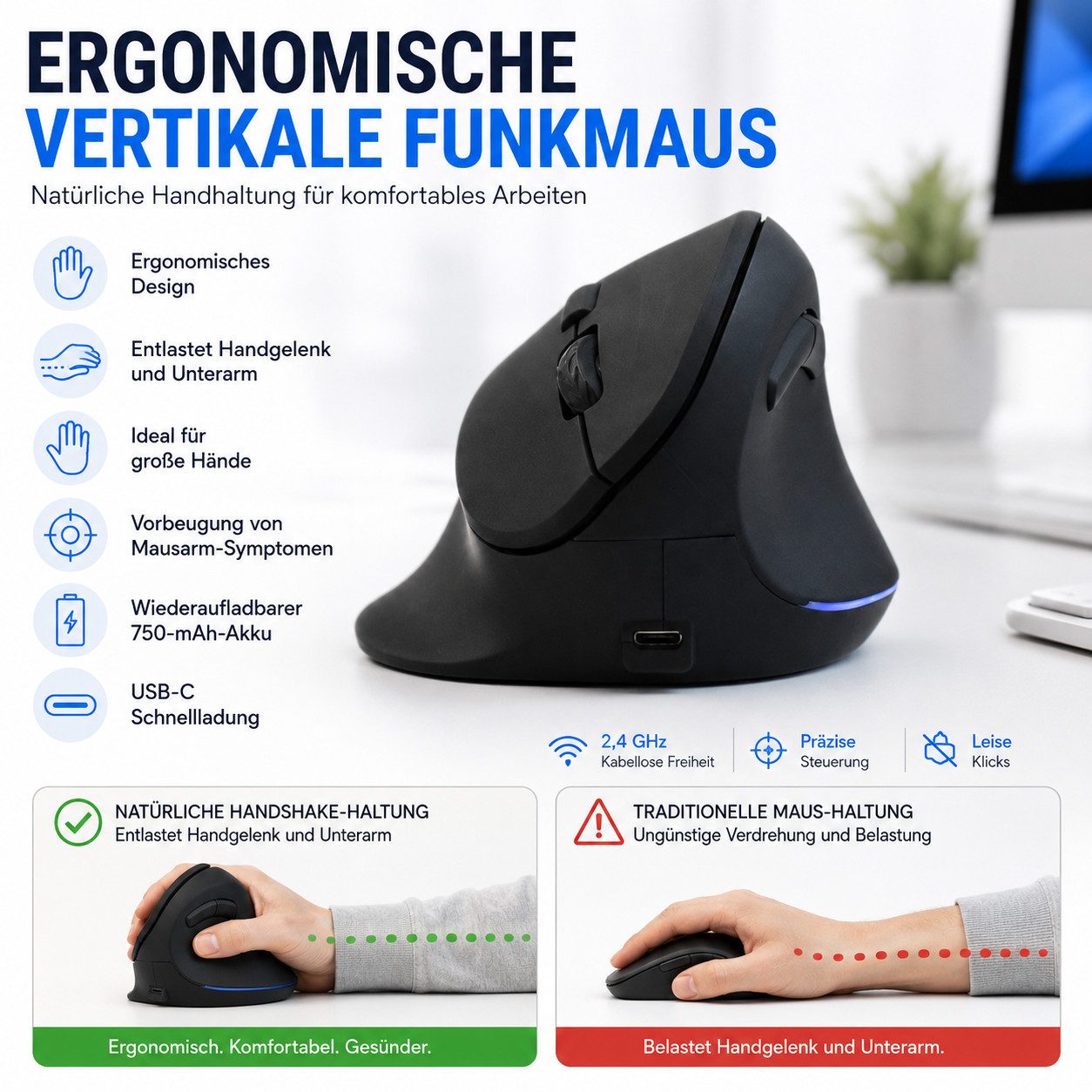 Vornix Kabellose Bluetooth Vertikale Maus 2.4G mit RGB Beleuchtung Mäuse (6 Tasten Ergonomische Maus, 4-Wege-Scrollrad, 800-3600 DPI für Büro) – Bild 4 von 5