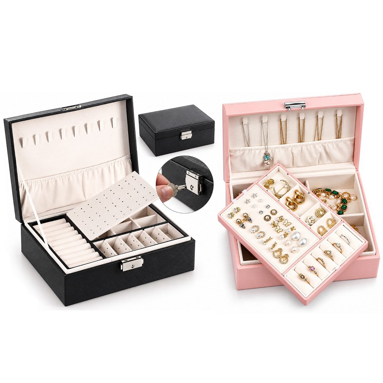 Hard-er Schmuckkasten 2er-Set Schwarz und Rosa aus Kunstleder 23 × 17 × 9 cm (Schmuckkästchen-Set, 2 St., Zwei Schmuckkästchen in unterschiedlichen Farben), mit mehreren Fächern für übersichtliche Aufbewahrung
