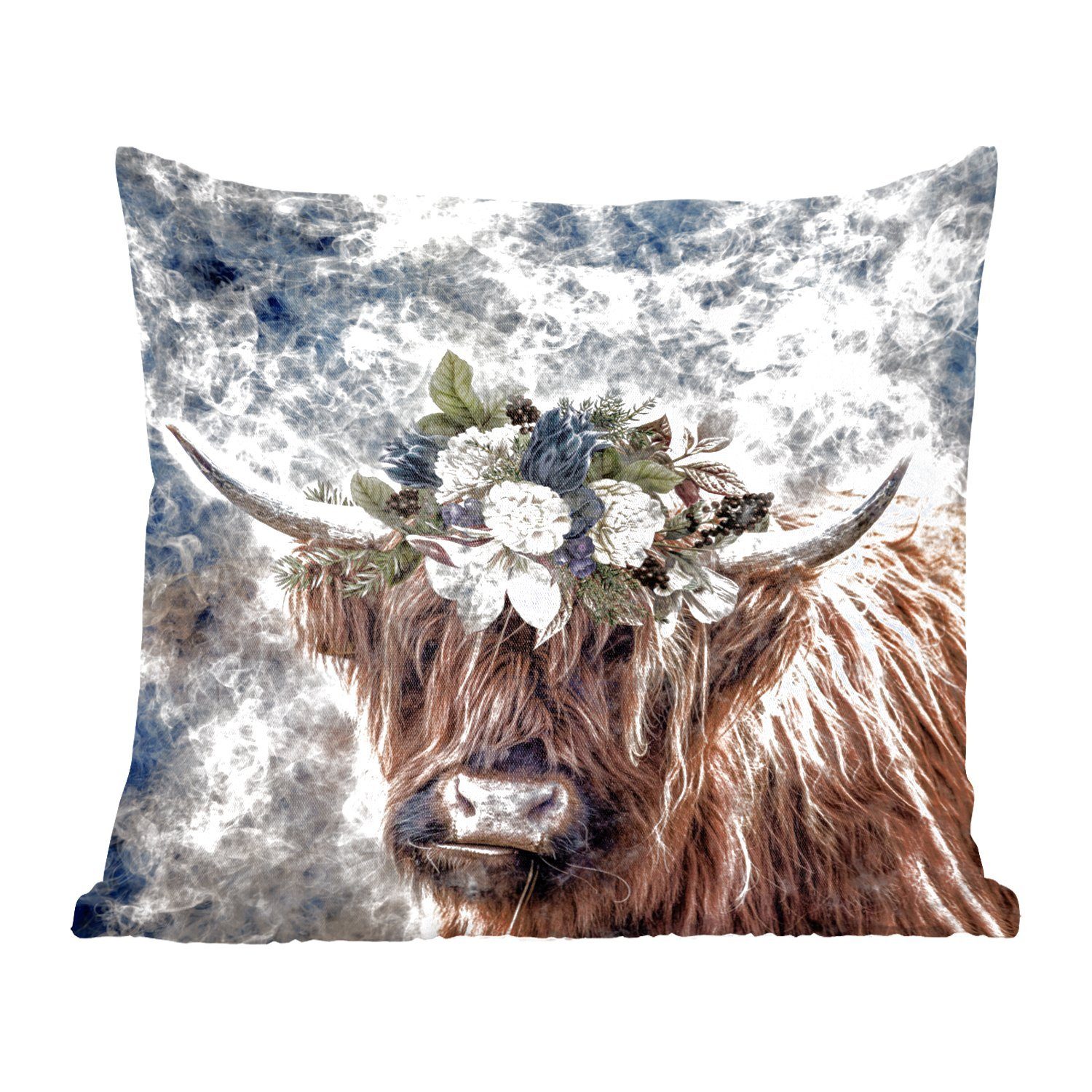 MuchoWow Dekokissen Schottischer Highlander - Tiere - Blumen, Zierkissen mit Füllung für Wohzimmer, Schlafzimmer, Deko, Sofakissen