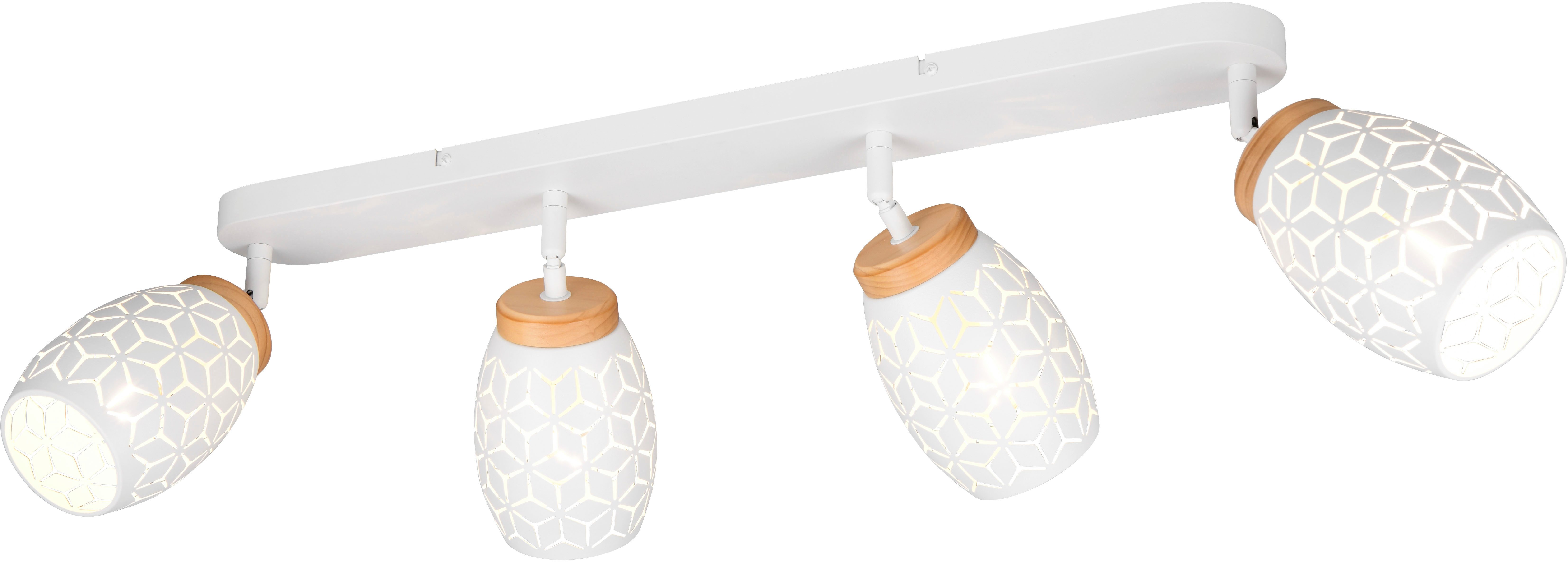 Reality Leuchten Deckenstrahler BIDAR 4-flammig, exkl 4x E14 max 10W, Deckenlampe Spots verstellbar, Leuchtmittel wechselbar, warmweiß - kaltweiß, Metall-Lampenschirm mit Lasercut Muster und Holz-Dekoelementen