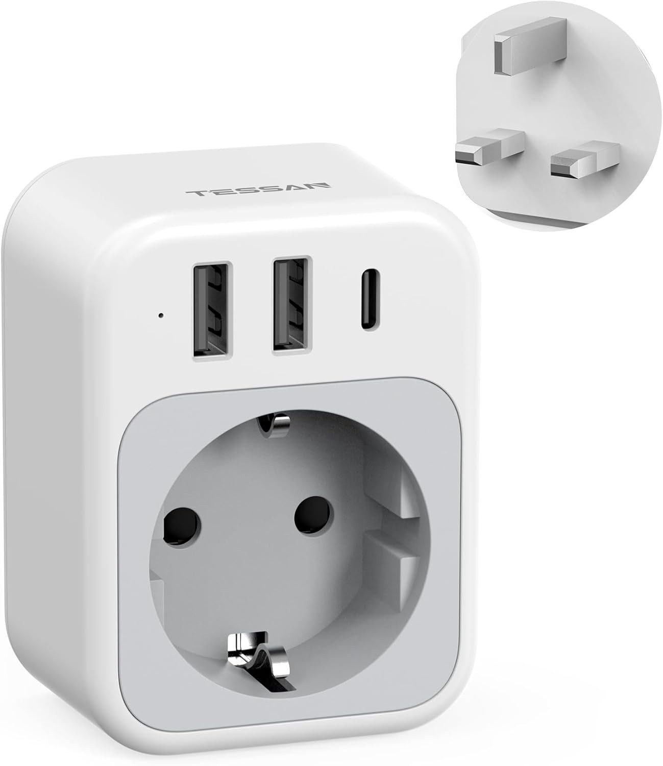 TESSAN Reiseadapter UK Typ G mit 1 USB-C 2 USB-A für England London Reiseadapter