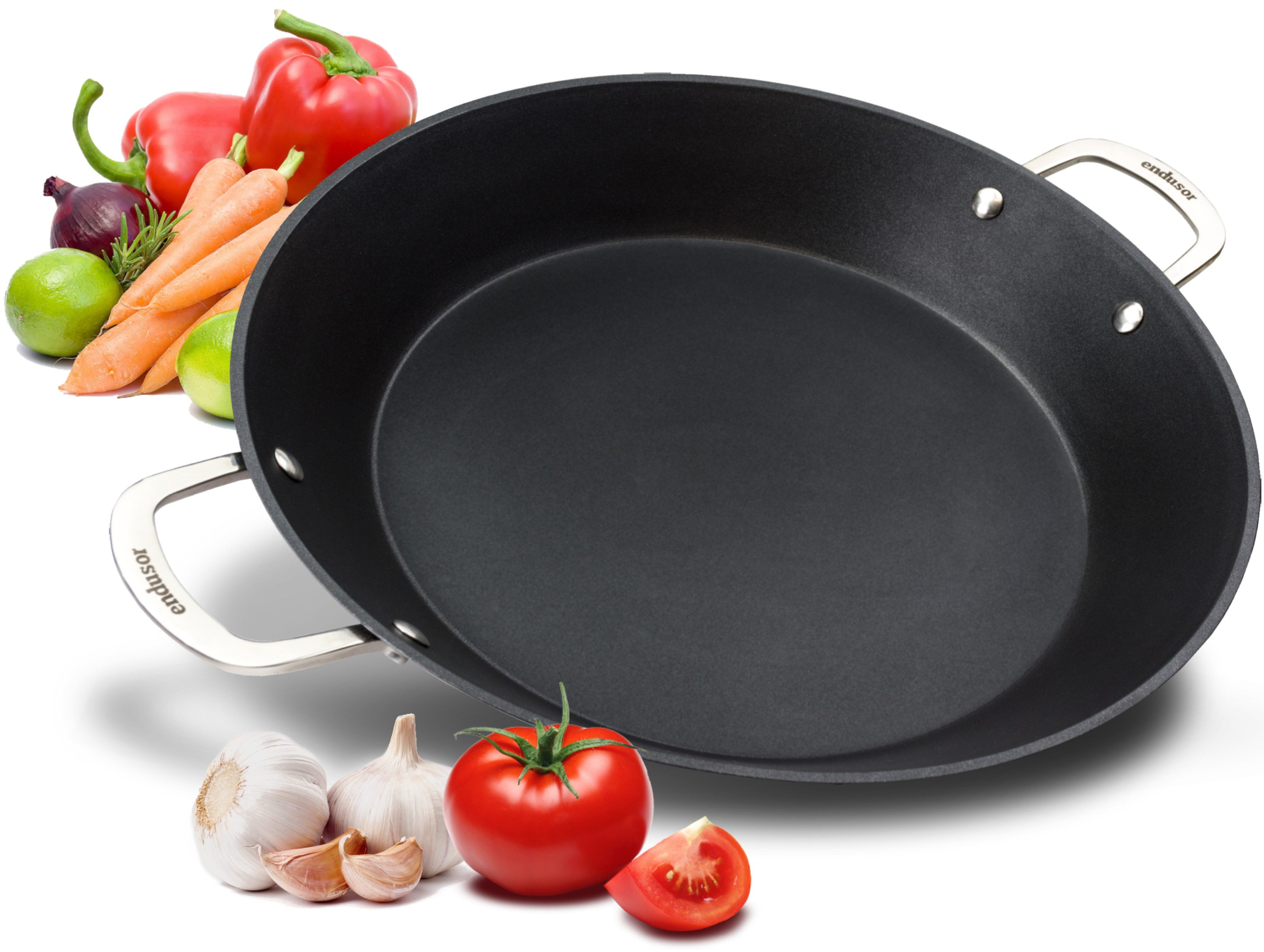 endusor Paellapfanne Paella Pfanne Ø 38 cm für 6-8 Personen, Aluminiumguss (Antihaft-Beschichtung, 5l Fassungsvermögen für 6-8 Portionen), Alle Herdarten + Backofen + Gasgrill, Paellapfanne für Zuhause