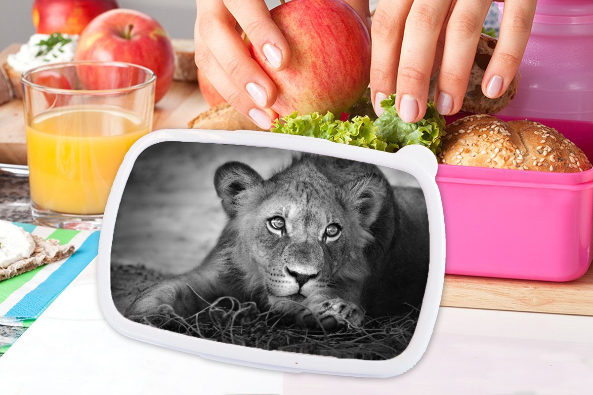 MuchoWow Lunchbox Wildtiere - Löwe Erwachsene, Weiß, - für Brotbox Schwarz Kunststoff Kinder, - (2-tlg), Snackbox, Natur rosa - Kunststoff, Brotdose Mädchen