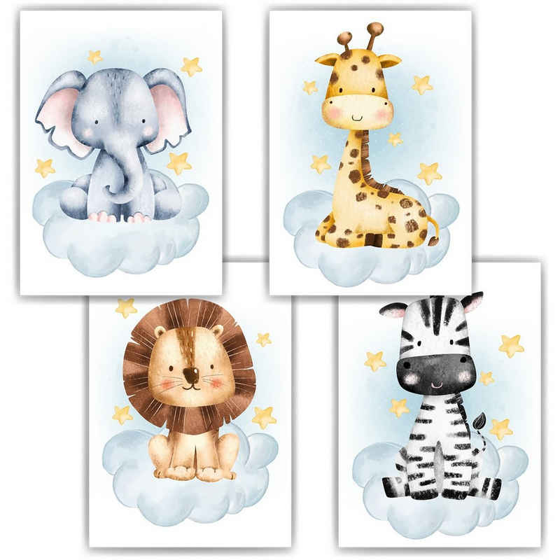 Tigerlino Poster Safari Tiere 4er Set Elefant Giraffe Löwe Zebra Kinderzimmer Bilder