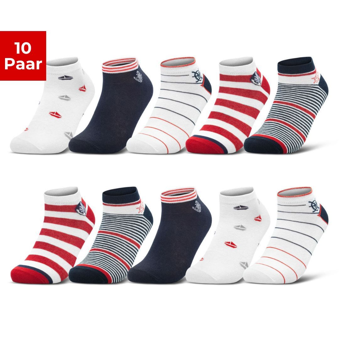 sockenkauf24 Sneakersocken 10 Paar Damen Sneaker Socken Mehrfarbig (35-38, 36828) Streifen Punkte Herzen Maritim Baumwolle WP