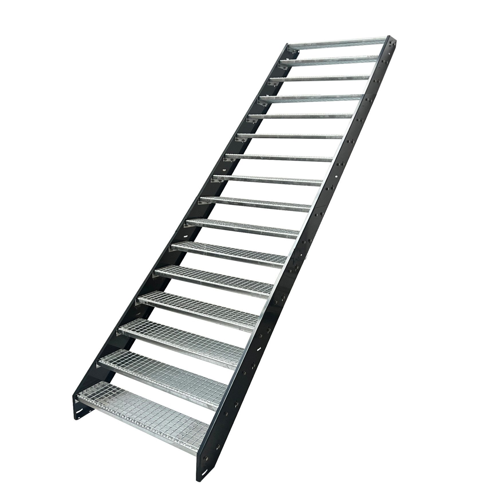 Kaminbau Mierzwa Außentreppe Stahltreppe 16 Stufen verzinkt mit und ohne Geländer/Wangen Anthrazit, für Geschosshöhen bis 304 cm, Stufen Gitterroststufen nach DIN 24531, (Stufenbreite und Geländerart wählbar), Aus Premium Materialien hergestellt