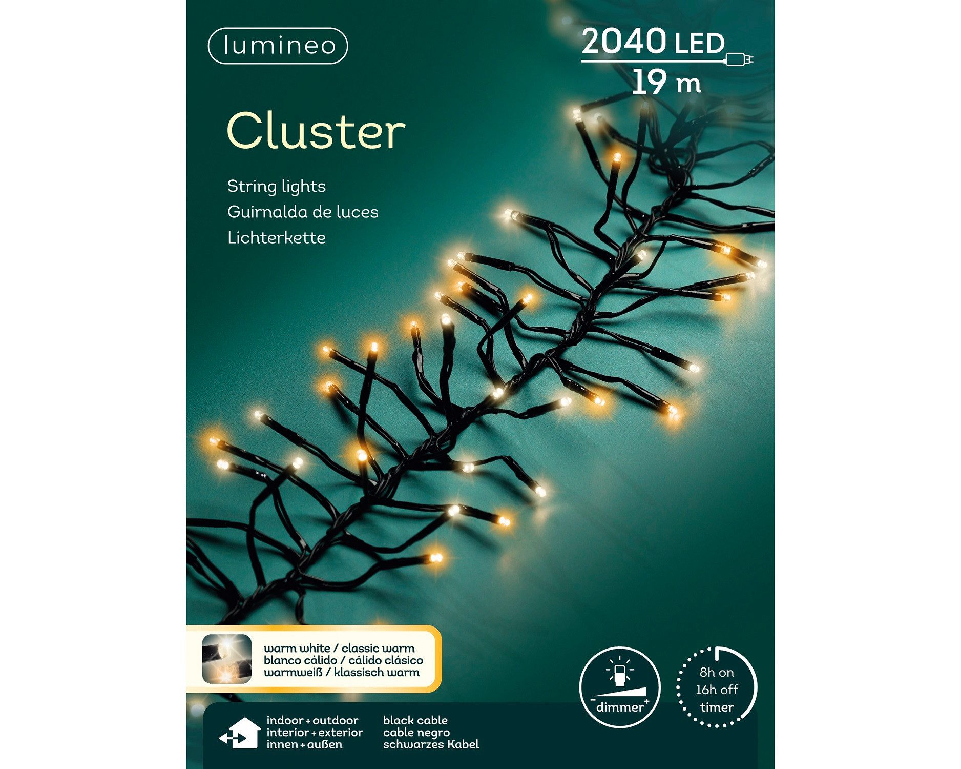 Lumineo LED-Lichterkette Lumineo Lichterkette CLUSTER 2040 LED 19 m, warm weiß + klassisch warm, Dimmbar, 8h-Timer, Indoor/Outdoor, 2 Farben, 1,8-2,1 m