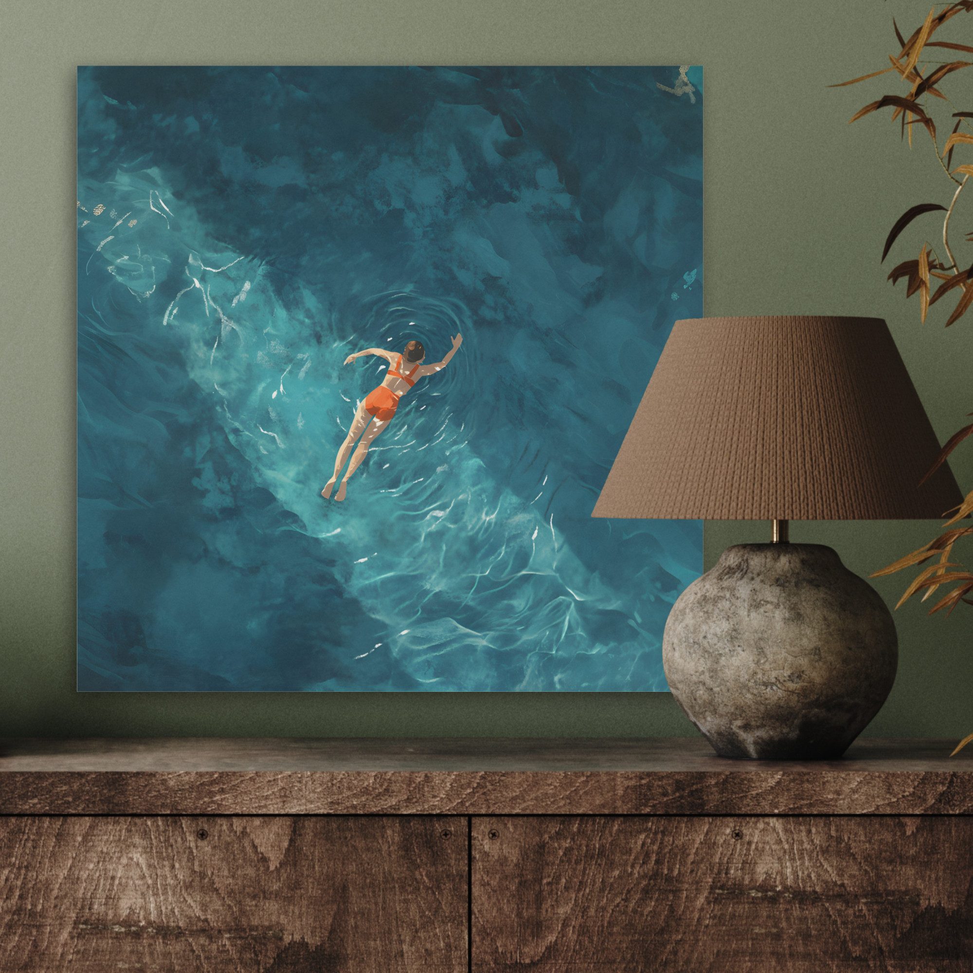 MuchoWow Gemälde Frau - Wasser - Bikini - Orange, Fotodruck (1 St), Akustikbilder PET-Filz, Wandpaneele, Akustikpaneele 40x40 cm