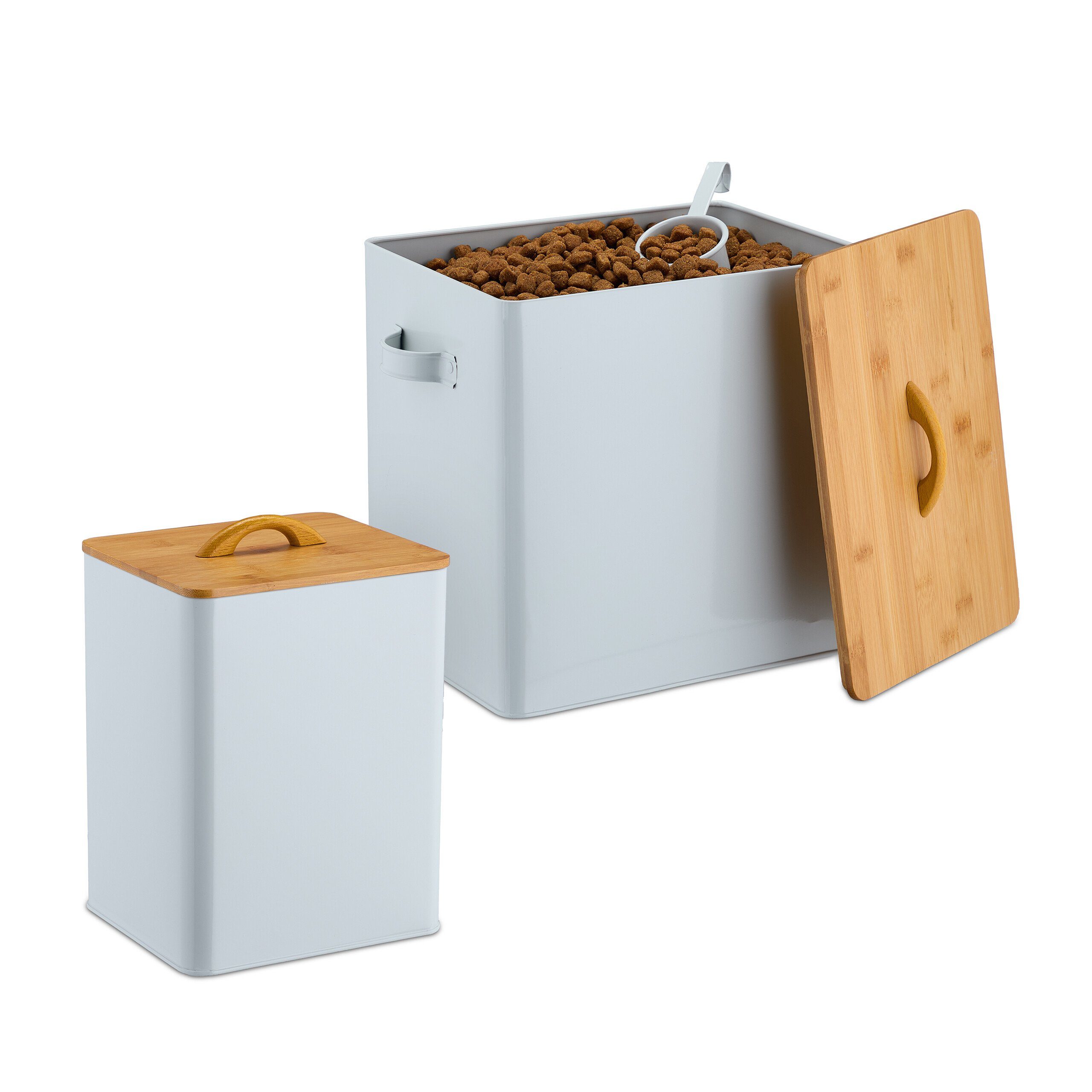 relaxdays Futterbehälter Futterbox mit Bambusdeckel 2er Set, Eisen, (3-tlg) von RELAXDAYS