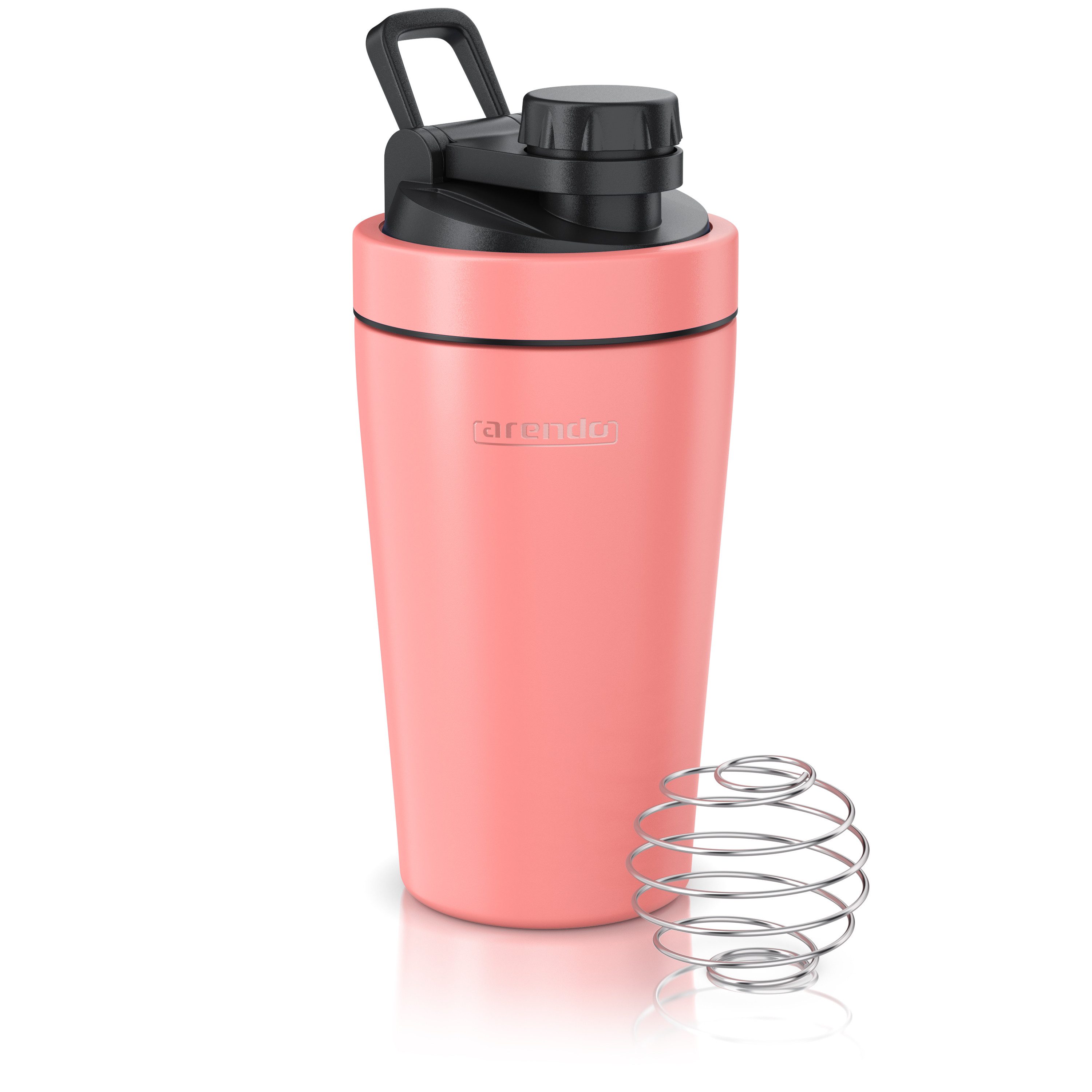 Arendo Protein Shaker Edelstahl Eiweißshaker 500 ml, korall, verschließbar, BPA-frei, Edelstahl, auslaufsicher, spülmaschinengeeignet, mit Tragegriff und Mixball