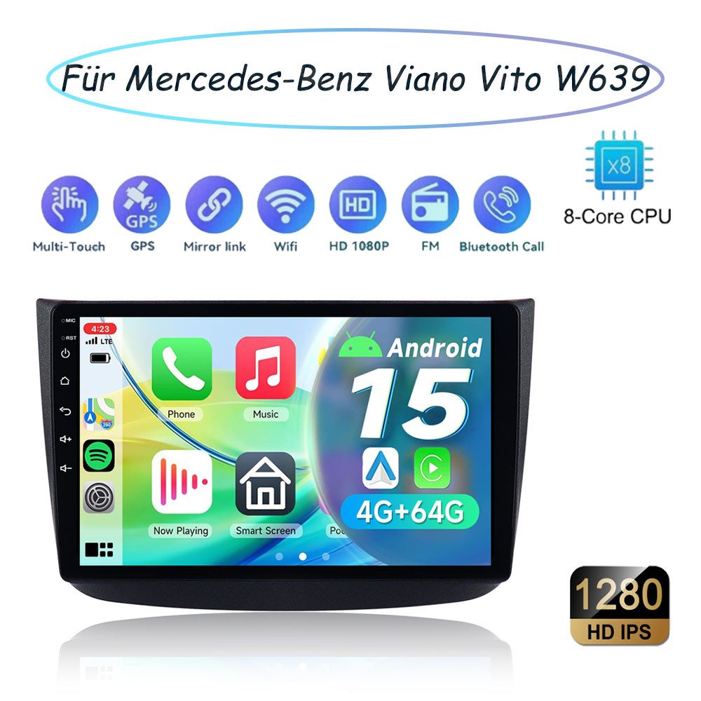 A-Sure Für Mercedes-Benz Viano Vito W639 4+64G 8Core Android 15 SWC GPS WIFI Autoradio (Digitalradio (DAB), FM, AM, 1280*800 IPS Screen/8-Core CPU)