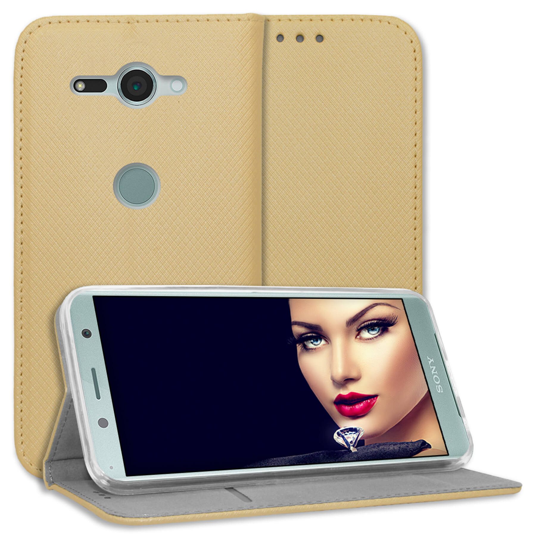 mtb more energy Smartphone-Hülle Smart Magnet für Sony Xperia XZ2 Compact, Gold, Bookstyle Klapphülle Cover Wallet Case aus Kunstleder