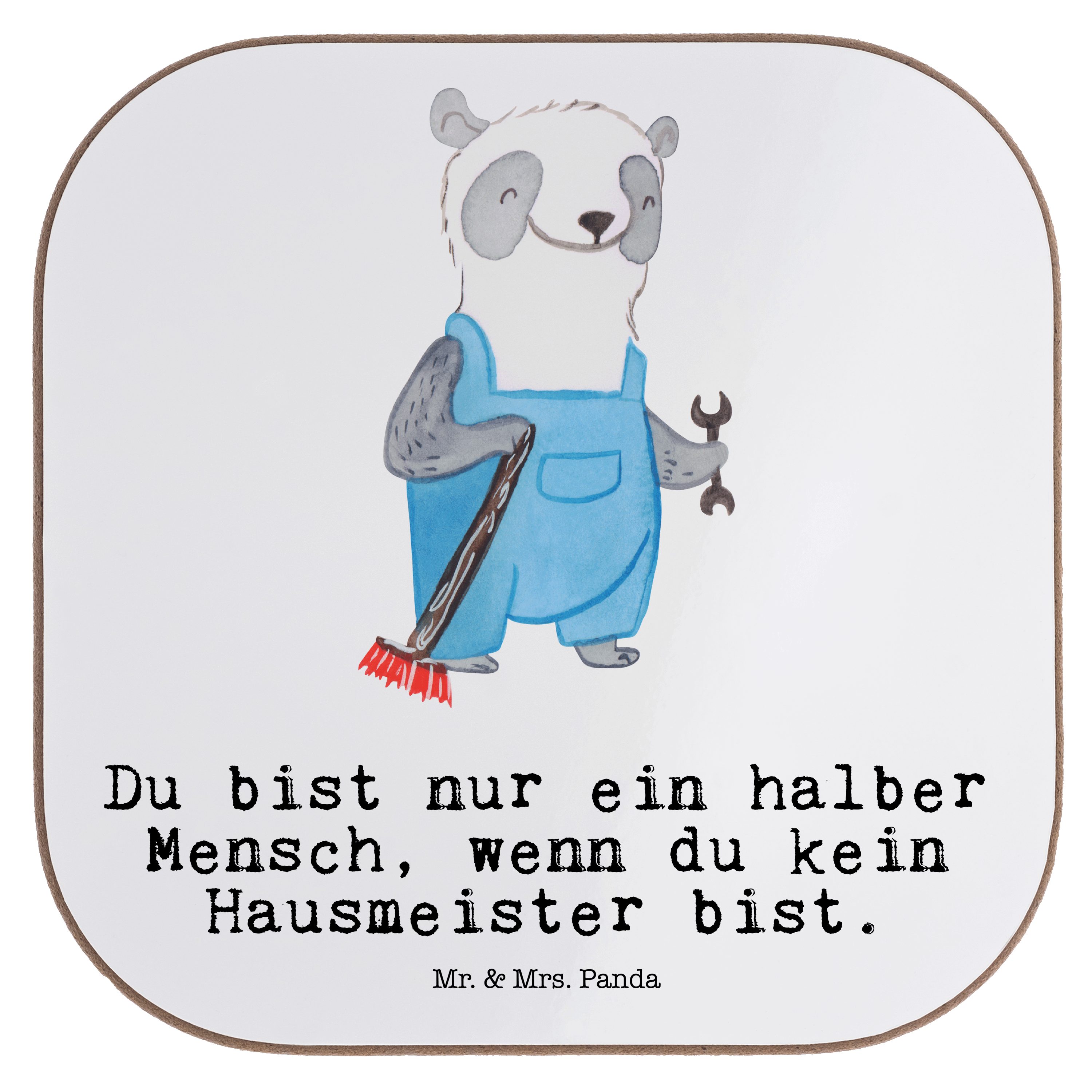 Mr. & Mrs. Panda Getränkeuntersetzer Hausmeister mit Herz - Weiß - Geschenk, Bierdeckel, Facility Manager, 1-tlg. | Getränkeuntersetzer