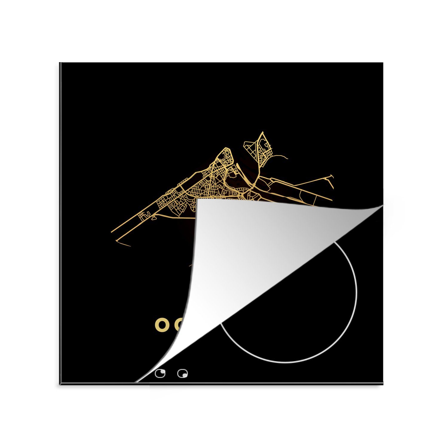 Gold Herdblende-/Abdeckplatte für küche - - MuchoWow Karte, Ceranfeldabdeckung, 78x78 Vinyl, cm, - Ostende (1 - Belgien Stadtplan Arbeitsplatte tlg),