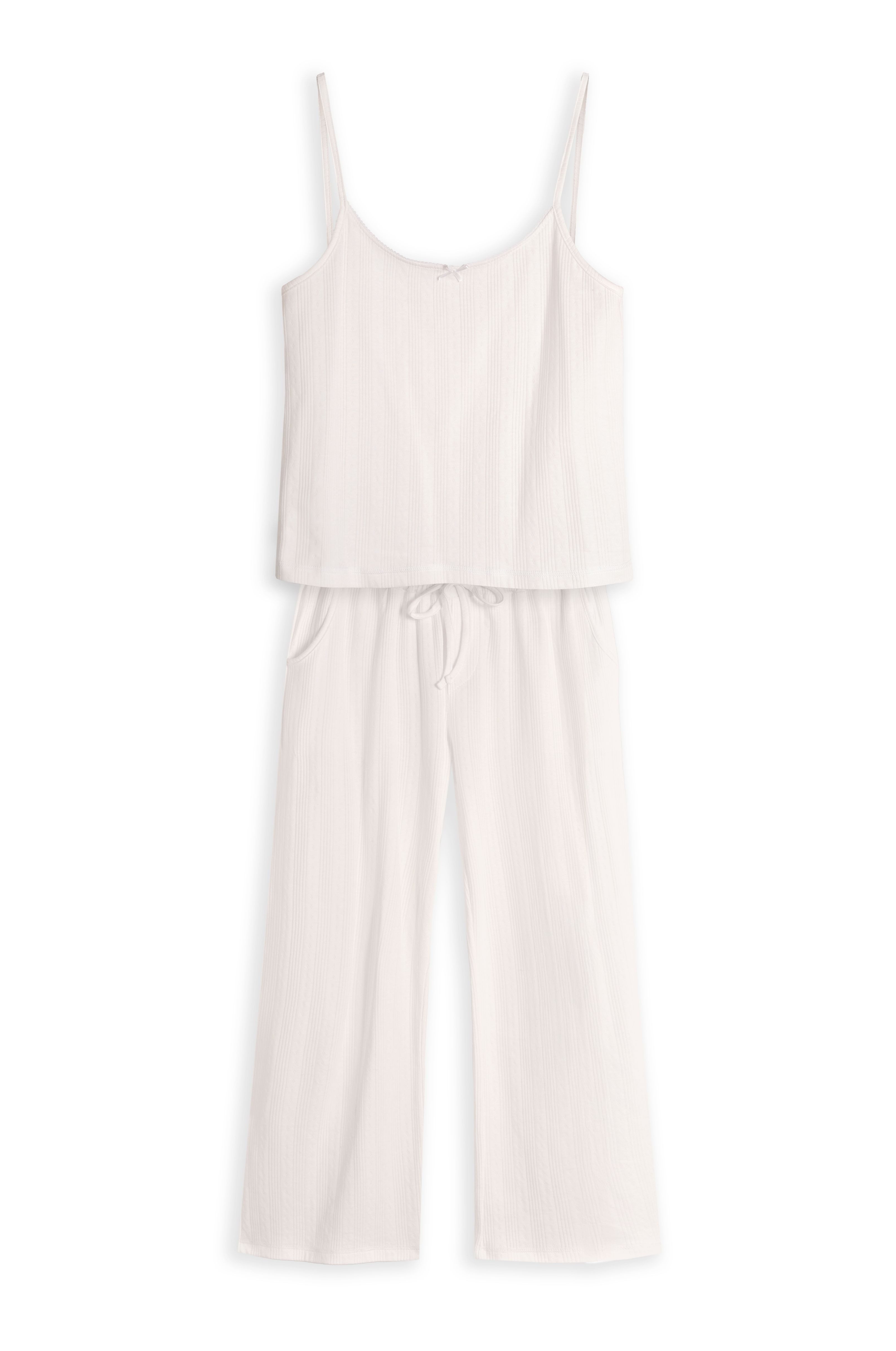Mademoiselle Sommeil Pyjama Damen Schlafanzug mit Spaghettiträgern & langer Hose aus Pointelle 100% Baumwolle, Weiß, gefertigt in Polen – Bild 2 von 5