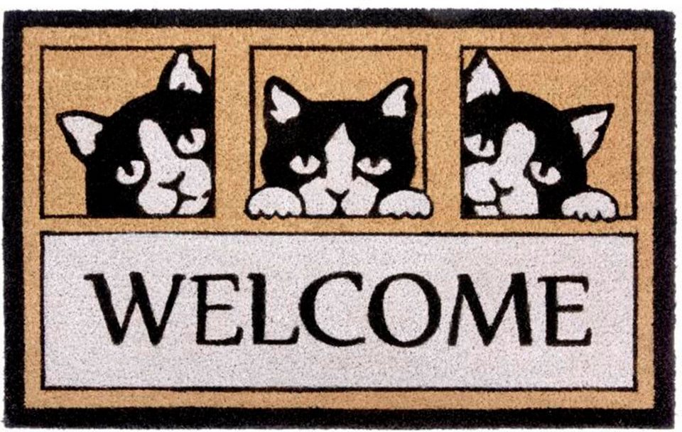 Fußmatte Kokos Welcome Three Cats, HANSE Home, rechteckig, Höhe: 15 mm,  Kokos, Schmutzfangmatte, Outdoor, Rutschfest, Innen, Kokosmatte, Flur