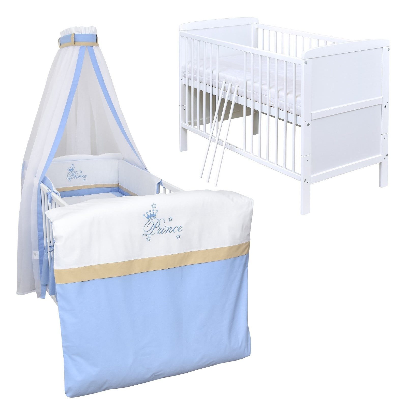 Baby-Delux Komplettbett Babybett Natalie Bettwäsche Komplettset, 10-tlg., Kinderbett 70x140 cm weiß, Bettset verschiedene Designs