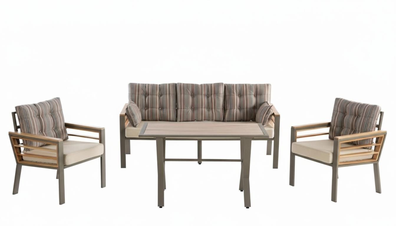 Xlmoebel Gartenlounge-Set Terrassenset mit Sofa, Sessel und Tisch aus Holz und Metall, (Gartenmöbel-Set, 3-tlg., Sofa; Sessel; Tisch), Made in Europa