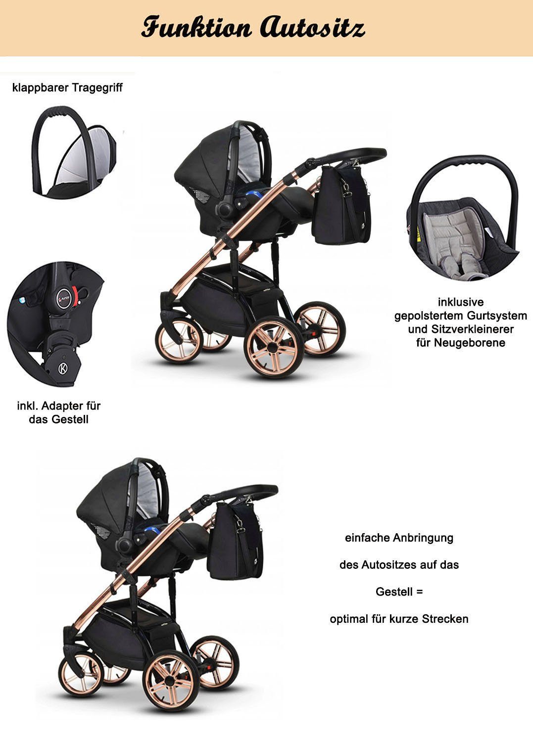 babies-on-wheels Kombi-Kinderwagen 3 in 1 Kinderwagen-Set Teile in - Lux 12 Vip 16 - Farben Grün-Gold-Dekor