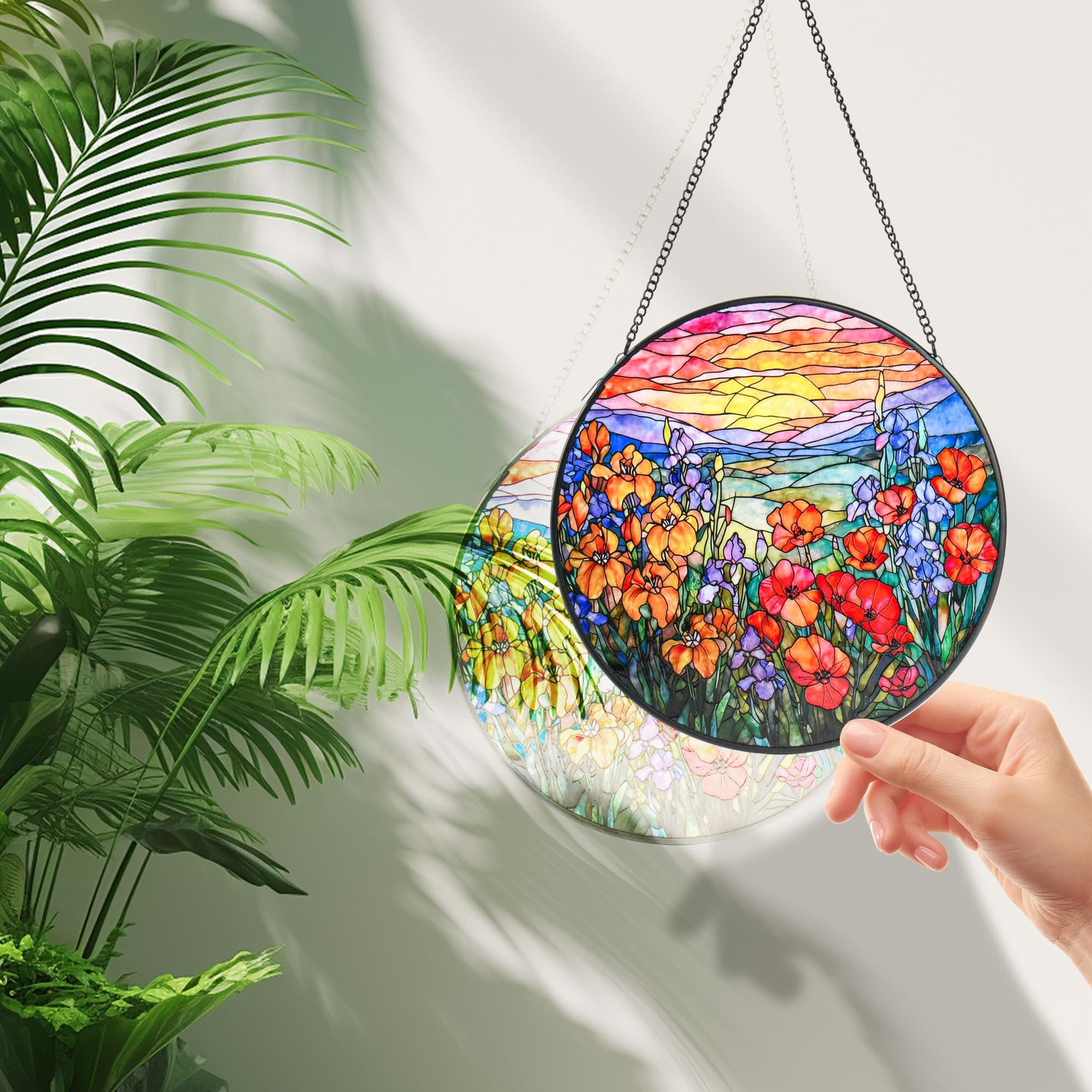 BlingBin Fensterdekoration Buntglas-Fensterhänger, Blumen Sonnenfänger Fensterdeko, Glasanhänger, 20cm Runde,Wohndekoration, für Fenster, Terrasse, Wand, Haus & Garten