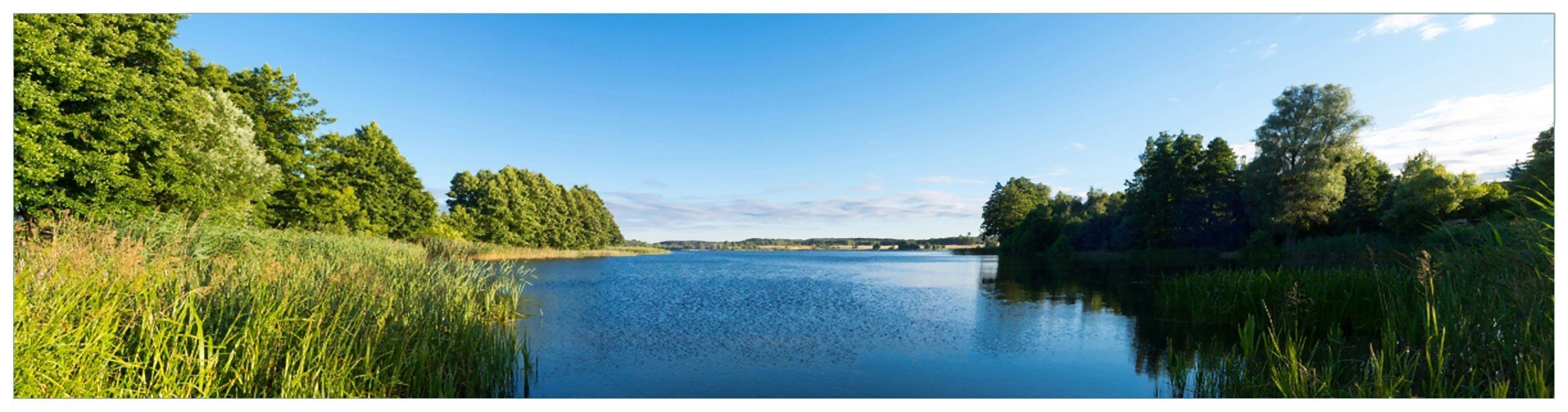 Wallario Küchenrückwand Malerischer See mit Schilf unter blauem Himmel, (1-tlg)