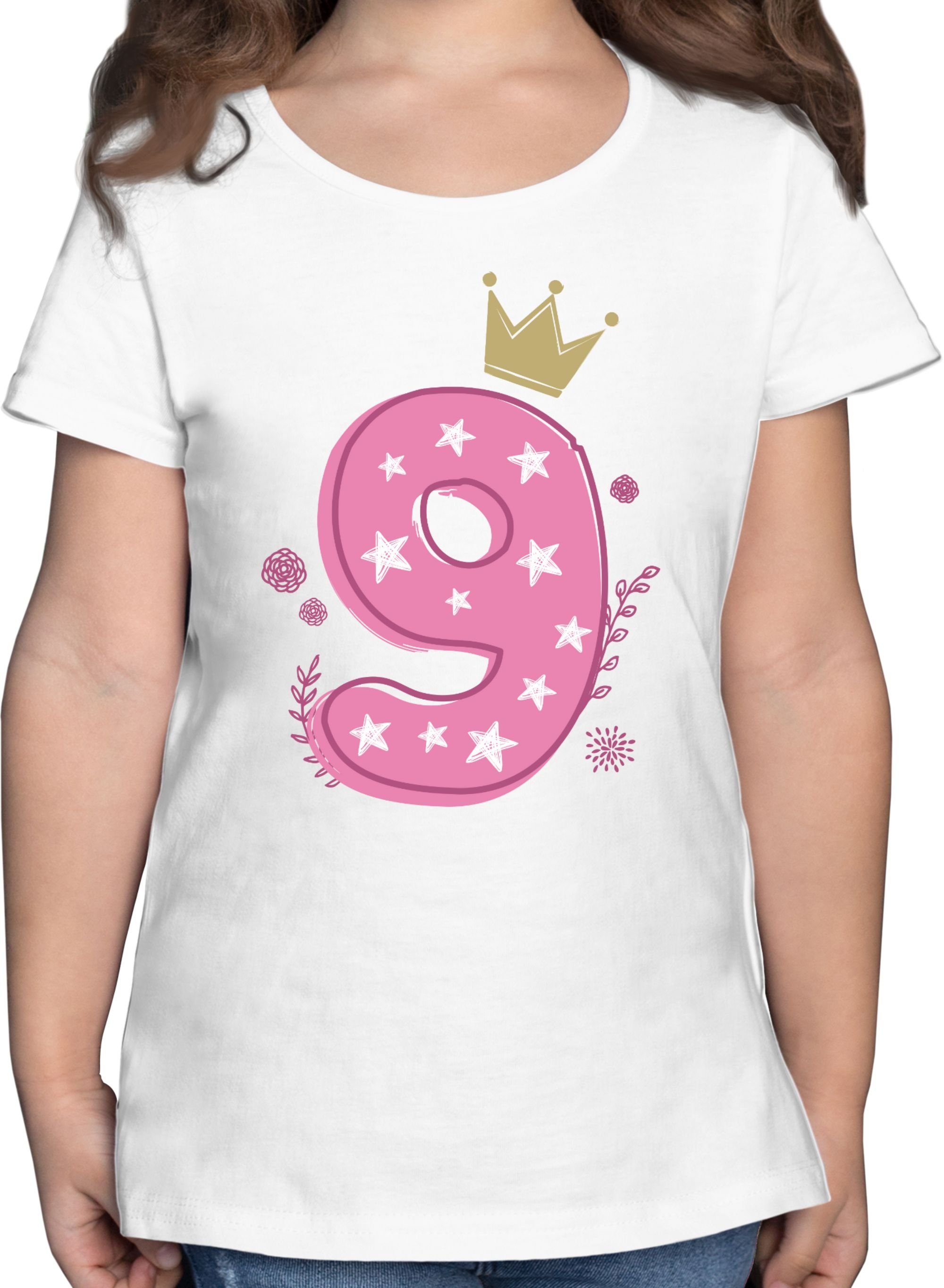 Shirtracer T-Shirt Neunter Mädchen Krone Sterne 9. Geburtstag 3 Weiß