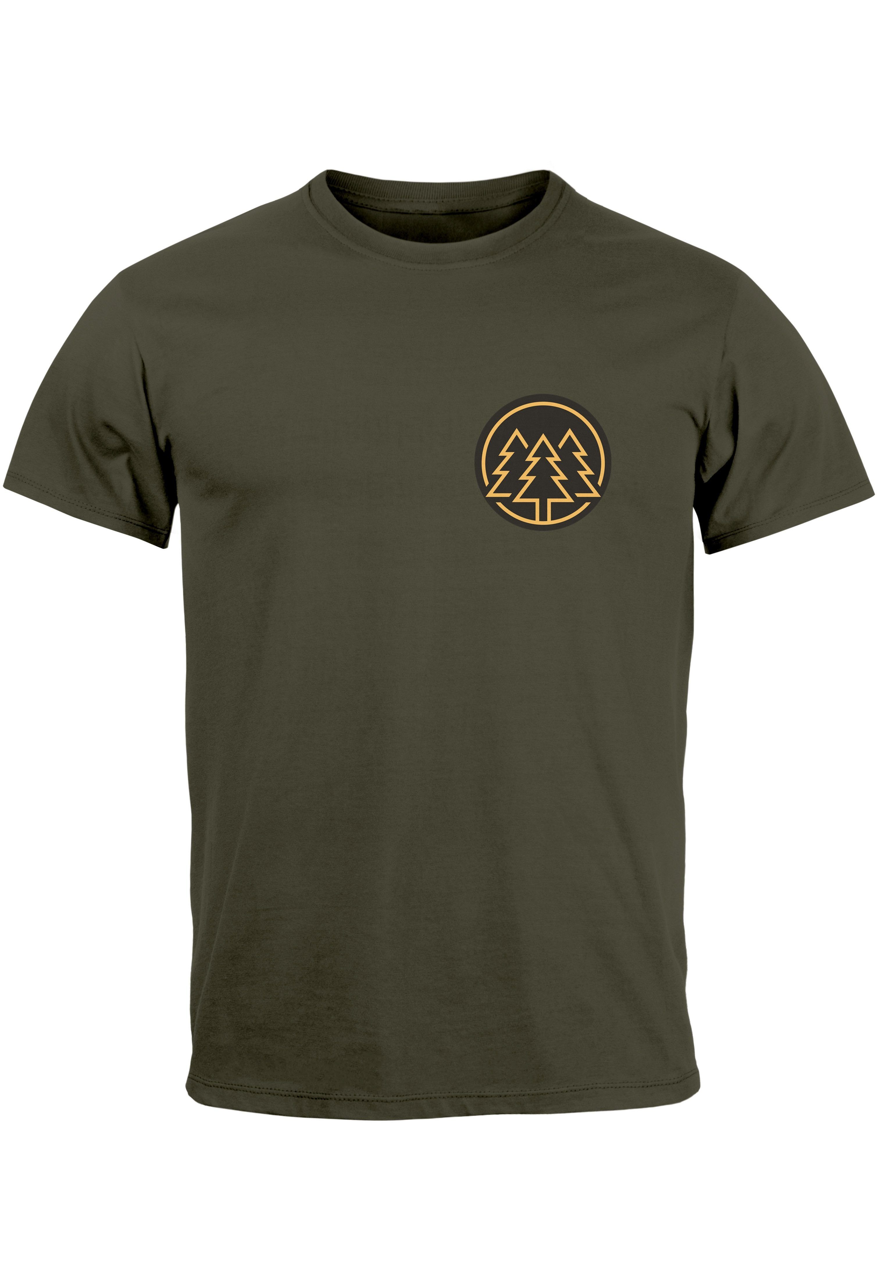 Neverless Print-Shirt Herren T-Shirt Print Logo Wald Bäume Outdoor Wandern Motiv Fashion Str mit Print army
