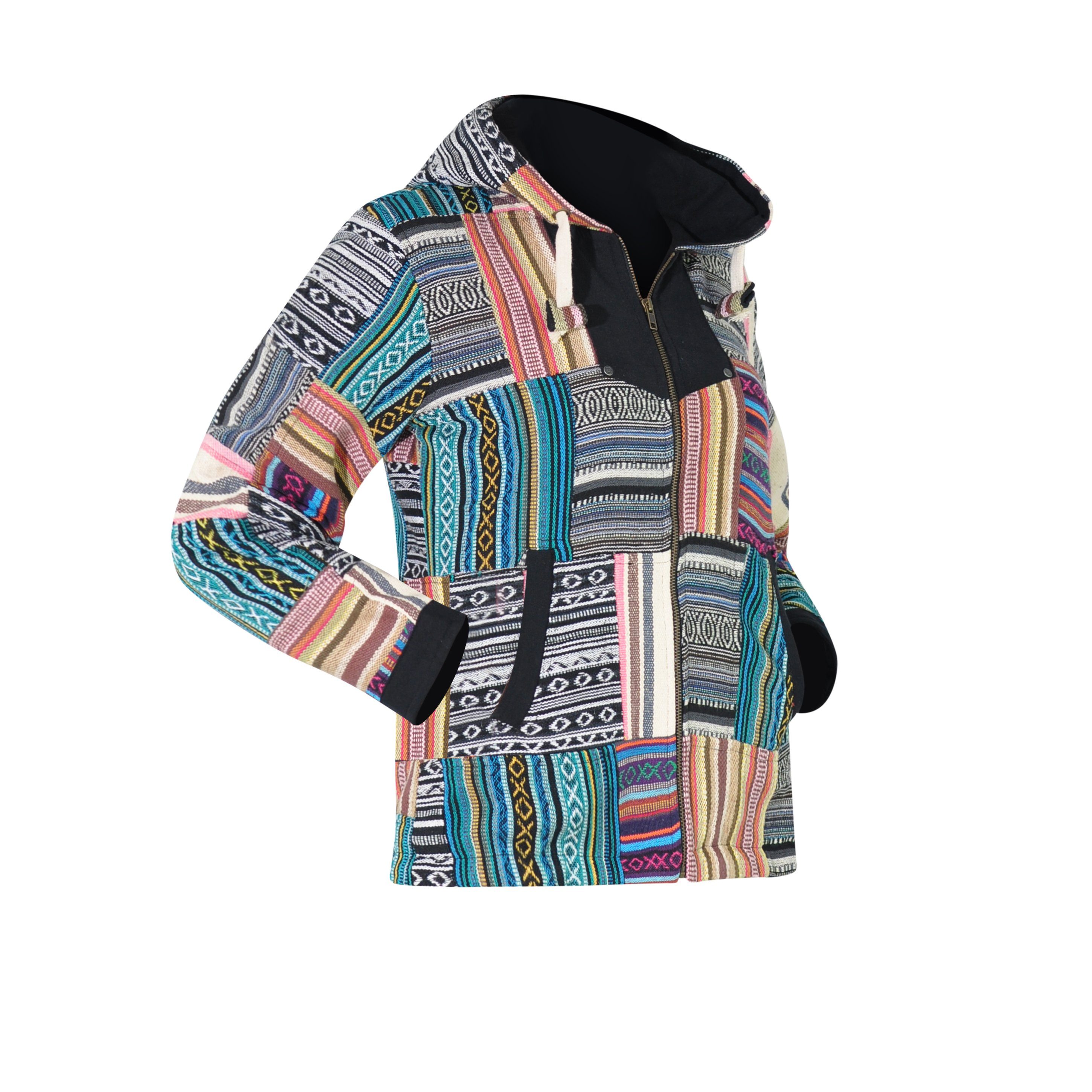 virblatt Cargojacke Patchwork Jacke Damen, Baumwolle, Baja Hoodie Vintage Hoodie Hippie buntes Patchwork