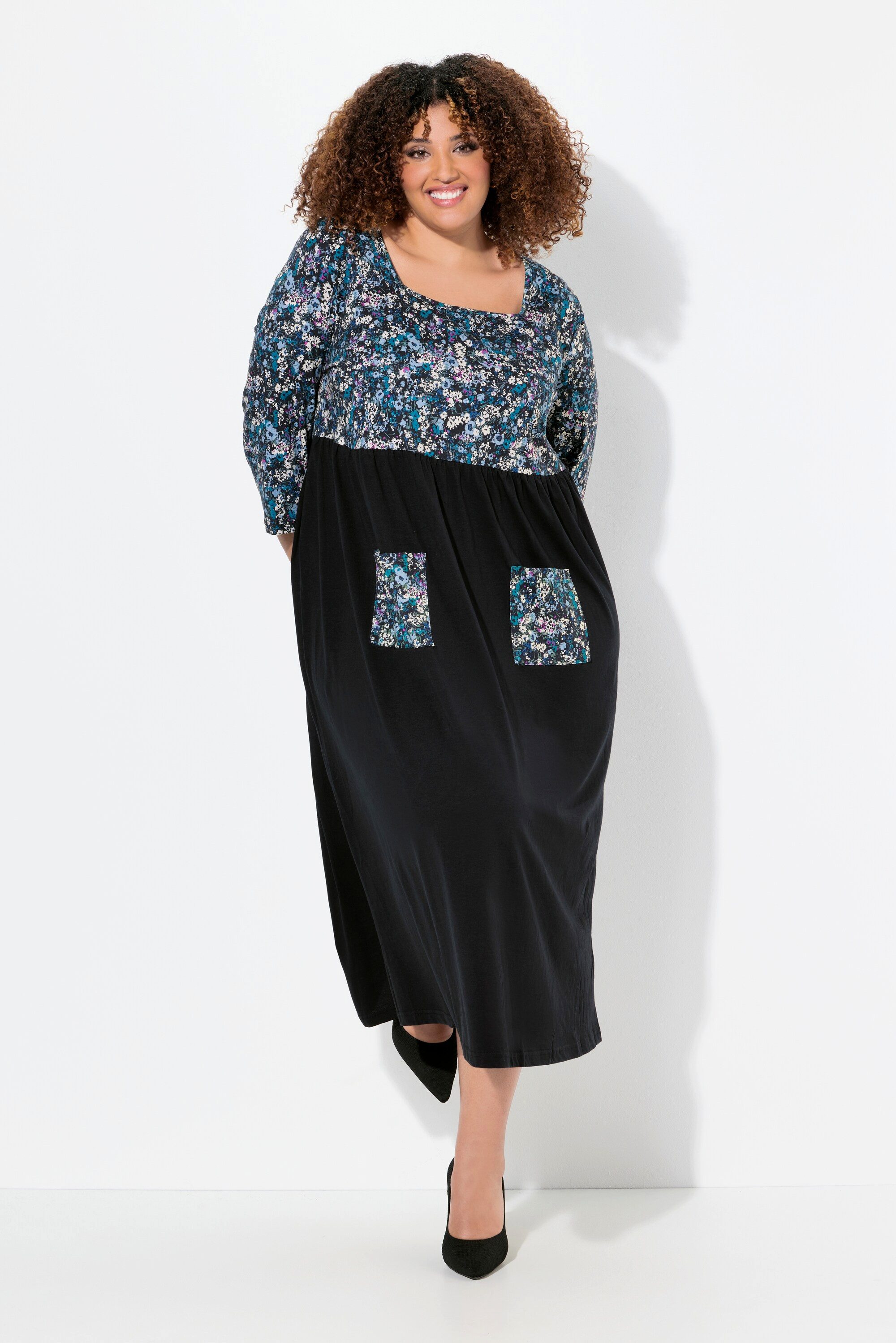Ulla Popken Maxikleid Jersey-Maxikleid Blüten Carree-Ausschnitt 3/4-Arm
