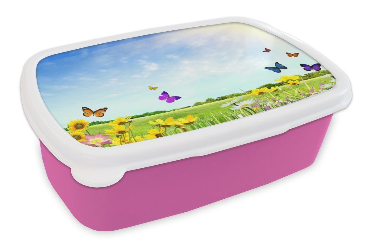 MuchoWow Lunchbox Blumen - Schmetterlinge - Sommer, Kunststoff, (2-tlg), Brotbox für Erwachsene, Brotdose Kinder, Snackbox, Mädchen, Kunststoff rosa