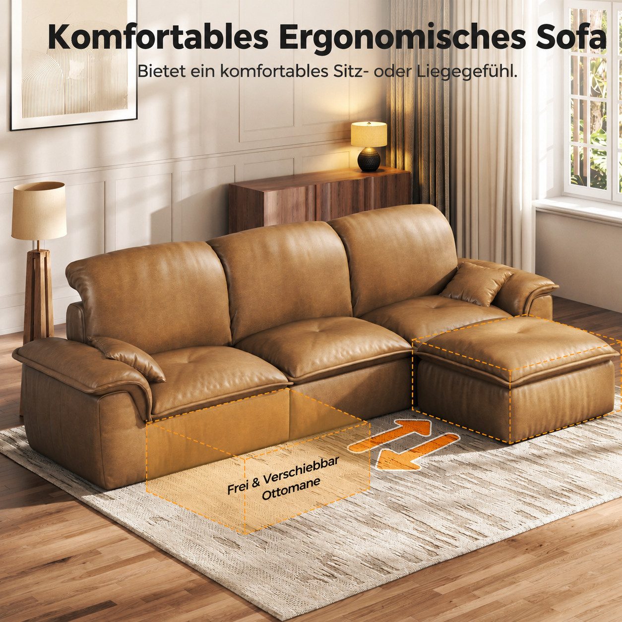 Patbrela Wohnlandschaft 3-Sitzer mit Longchair, Weiches Lederoptik Wolkensofa für Wohnzimmer, Vintage Sofa 280cm L-Form, Keine Montage erforderlich