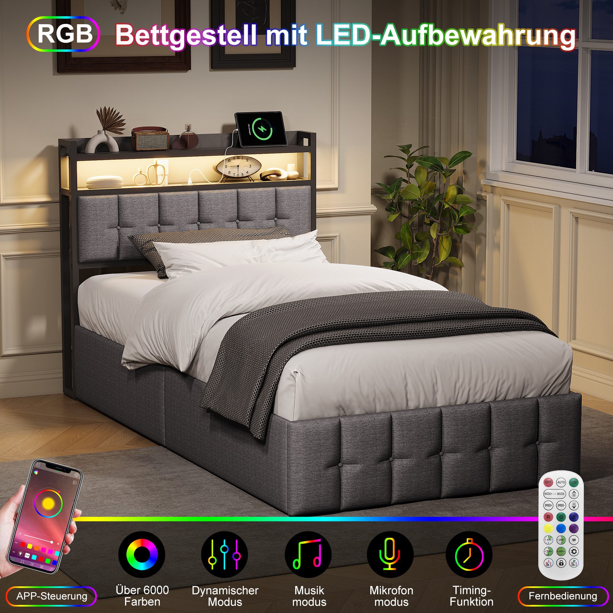 PXloue Polsterbett LED Einzelbett 90x200cm mit Ladefunktion und hydraulischem Stauraum, Geeignet für kleine Wohnungen (mit zusätzlichem Stauraum) – Bild 4 von 5