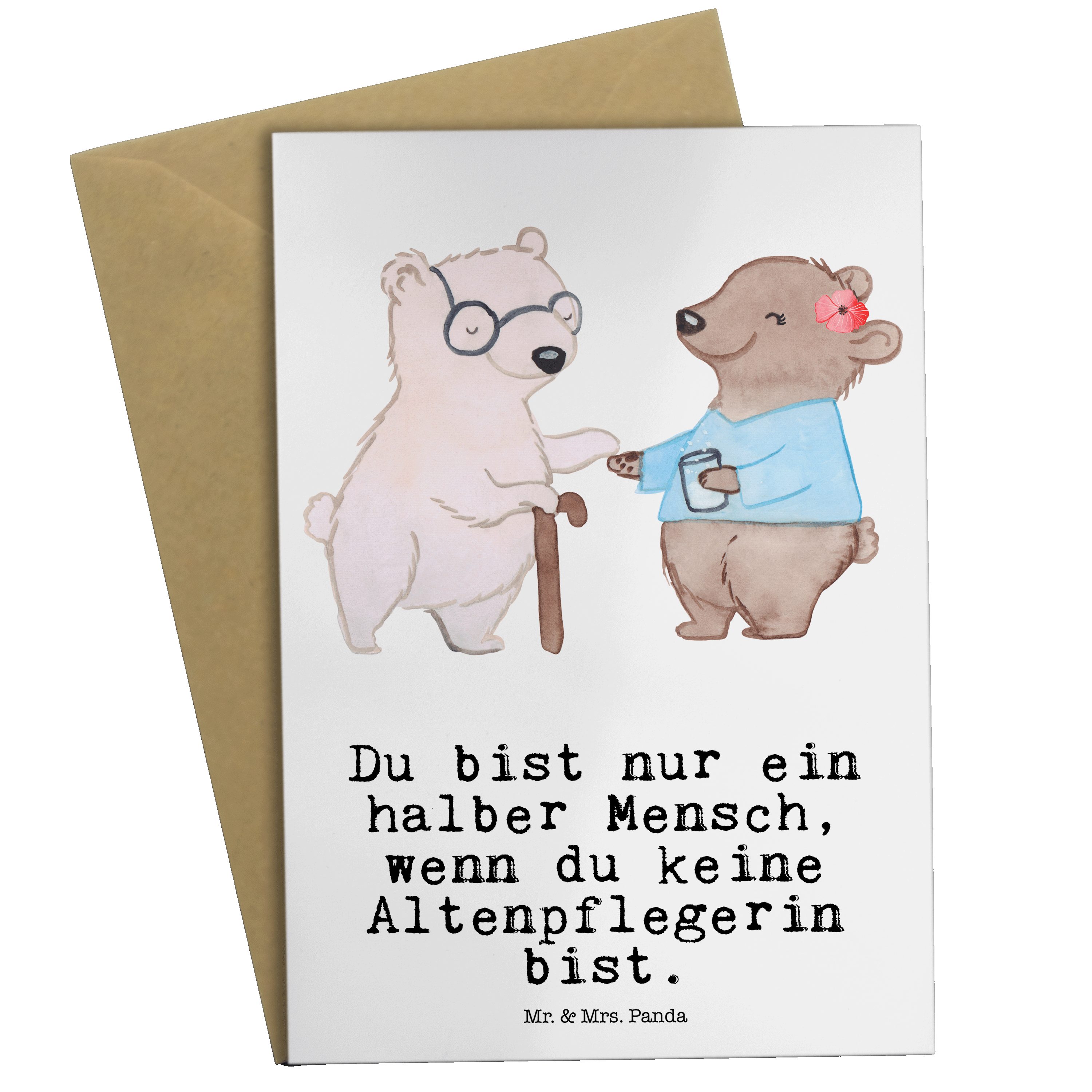 Mr. & Mrs. Panda Grußkarte Altenpflegerin mit Herz - Weiß - Geschenk, Kollegin, Kollege, Jubiläu