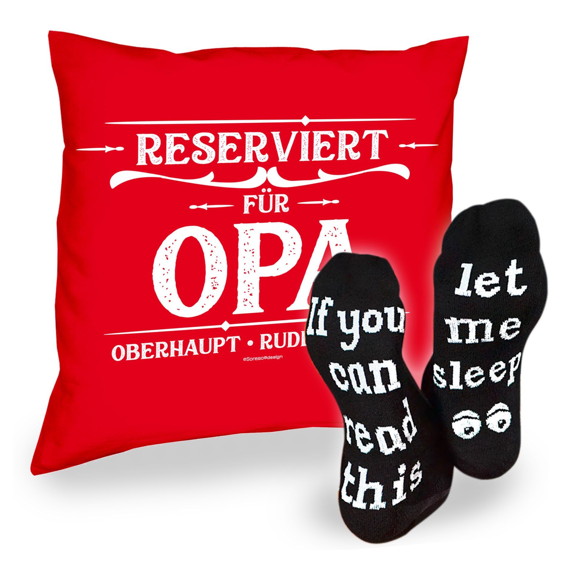 Soreso® Dekokissen Kissen Reserviert für Opa & Sprüche Socken Sleep, Geschenk Geburtstagsgeschenk rot