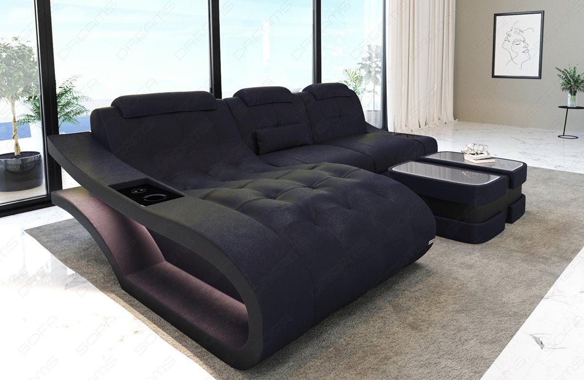 Sofa Dreams Ecksofa Polster Stoff Couch Sofa Elegante A - L Form Stoffsofa, wahlweise mit Bettfunktion dunkelblau-schwarz