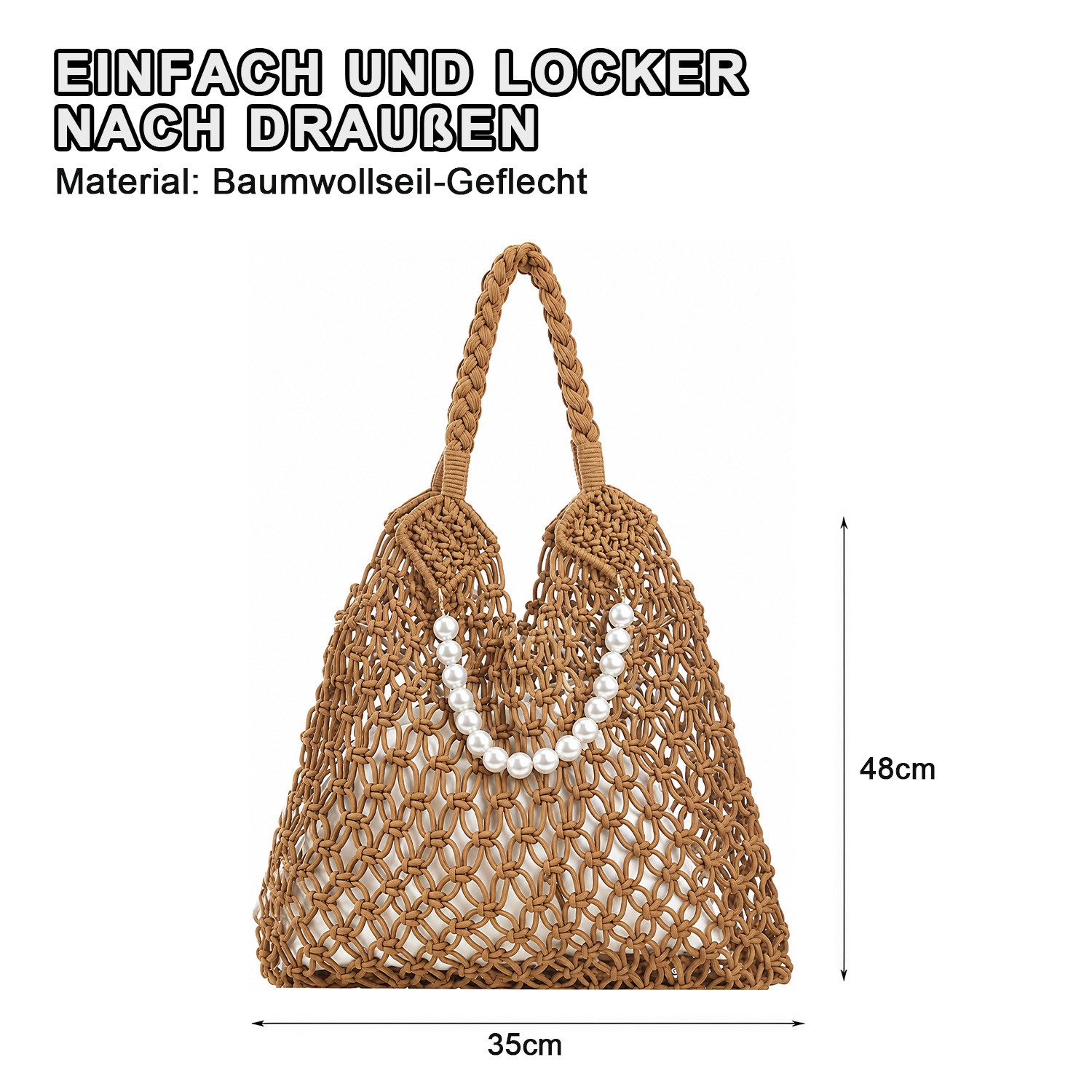 MOPUEA Strandtasche Damen Boho Strandtasche Aus Baumwollseil Gehäkelte Tragetasche (Casual Groß Häkeltasche für Urlaub Stadt Reisen, 1-tlg., Große Tragetasche Ausgehöhlte Einkaufstasche)