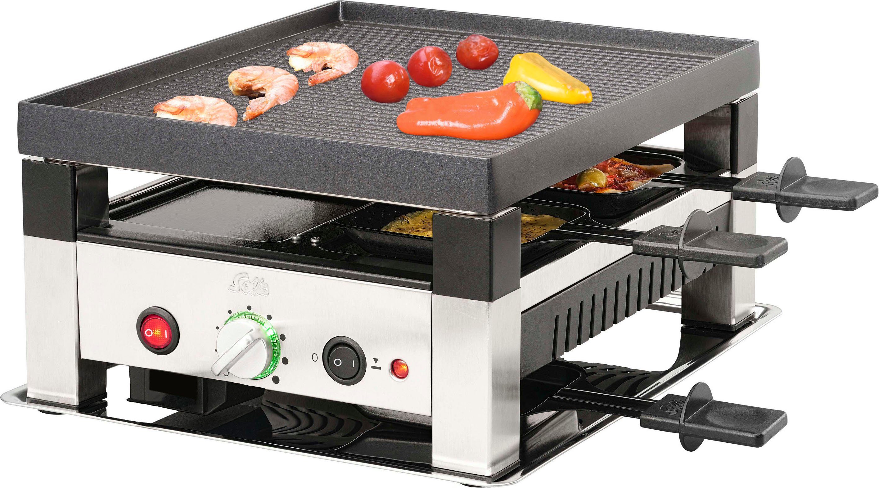 SOLIS OF SWITZERLAND Raclette 5 in 1 Table Grill for 4, 4 Raclettepfännchen,  1020 W, Mit zuschaltbarer Unterhitze für die leckersten Mini-Pizzas und  viel