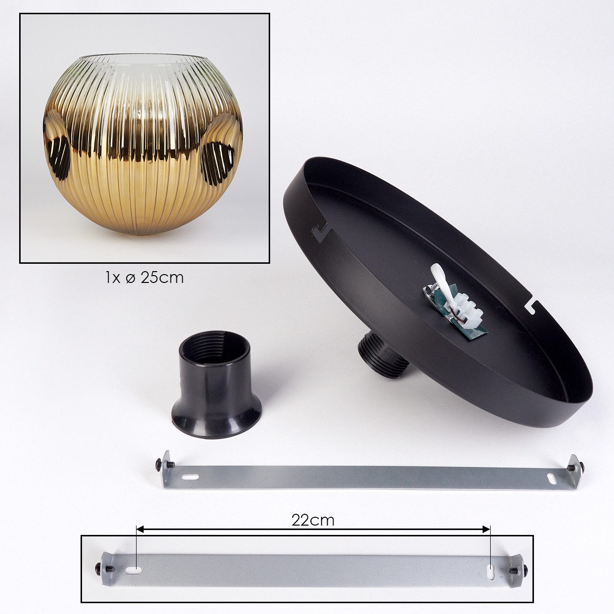 hofstein Deckenleuchte Deckenlampe aus Metall/Riffelglas in Schwarz/Goldfarben/Klar, ohne Leuchtmittel, Leuchte im Retro/Vintage-Design mit Glasschirm (25 cm), 1 x E27