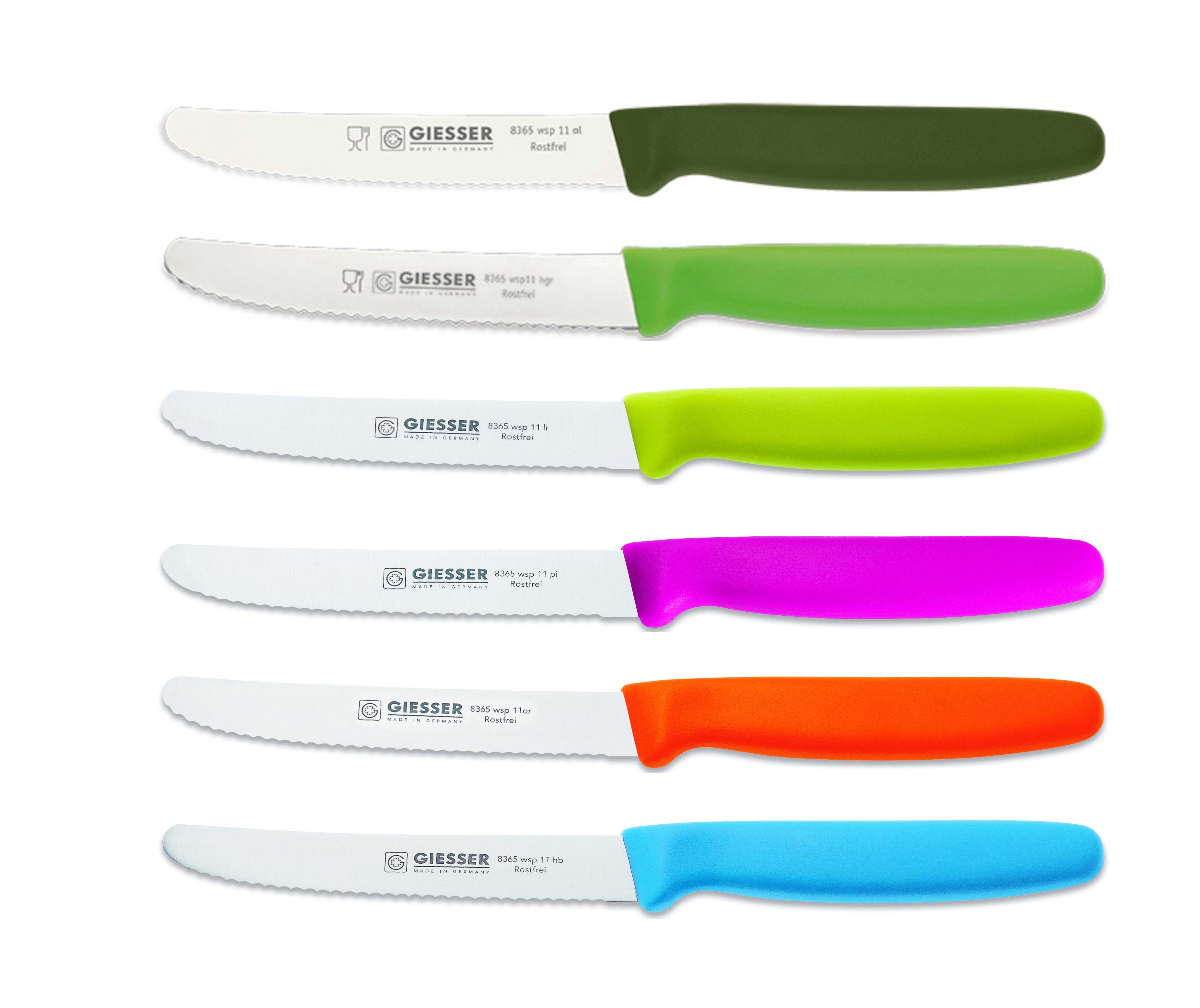 GIESSER Tomatenmesser Brötchenmesser 8365 wsp 11-6, 6er Set bunt gemischt; 3mm Wellenschliff; extrem Scharf