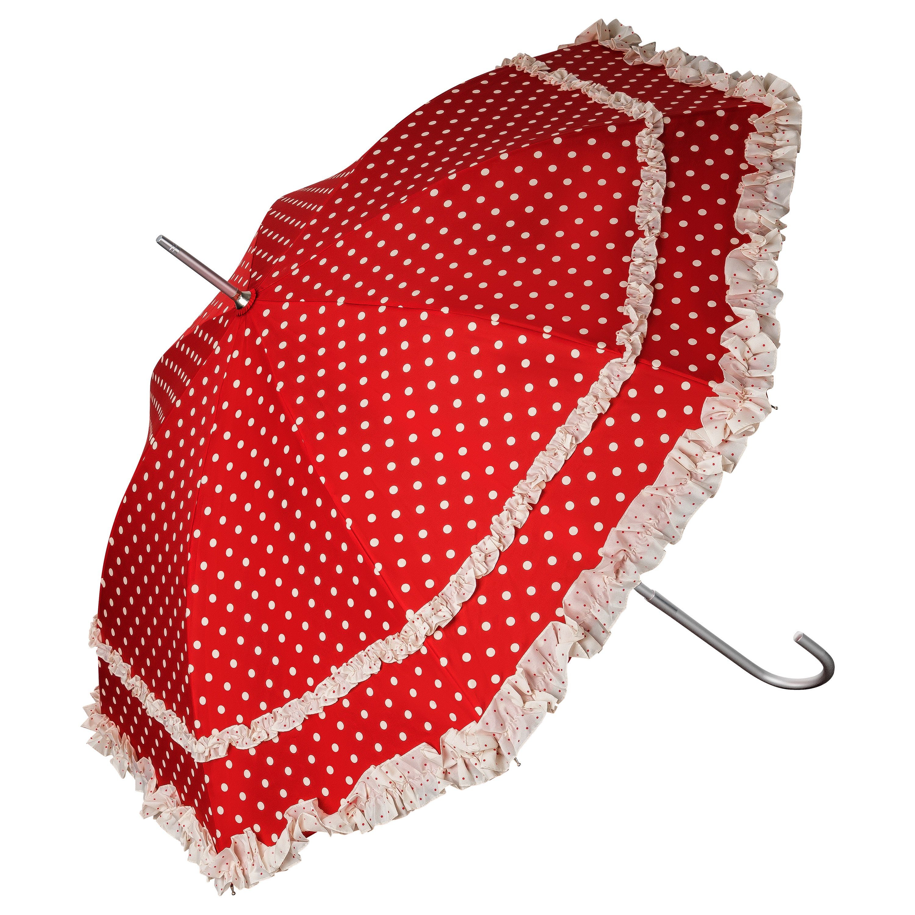 von Lilienfeld Stockregenschirm Regenschirm Sonnenschirm Hochzeitsschirm Mary, zwei Rüschenkanten rot mit Punkten in creme
