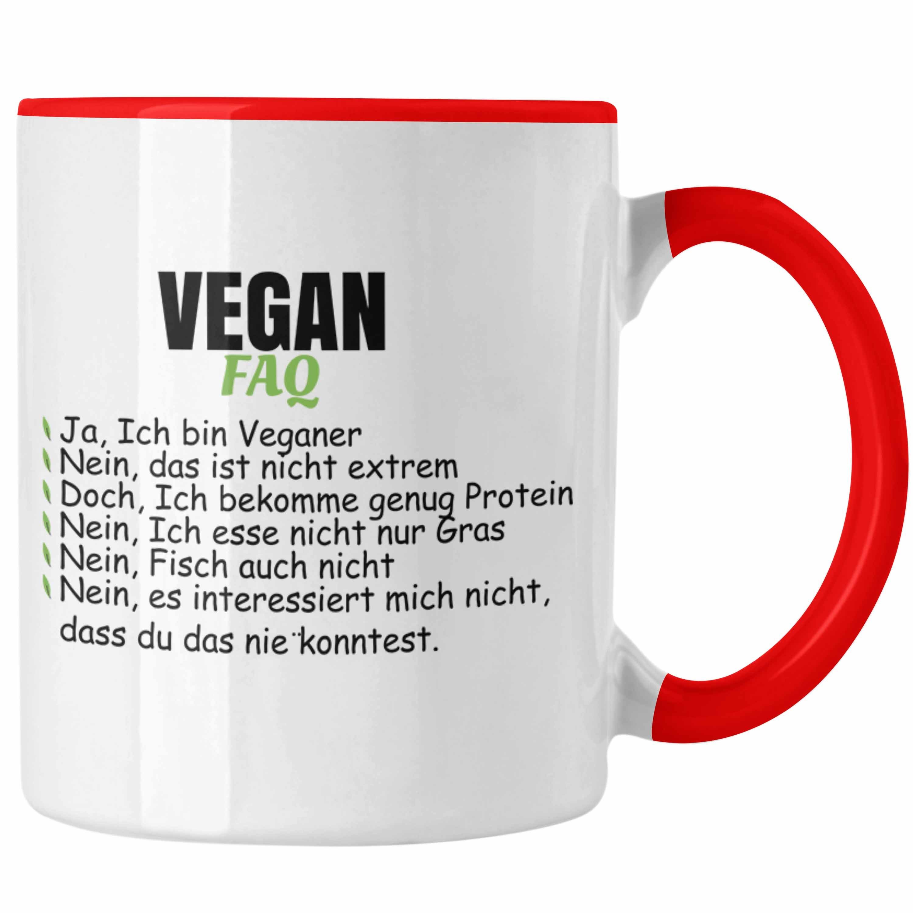Trendation Tasse Trendation - Veganer Tasse Geschenk FAQ Vegan Geschenkidee Lustiger Spruch Vegane Lebensweise Spruch Rot