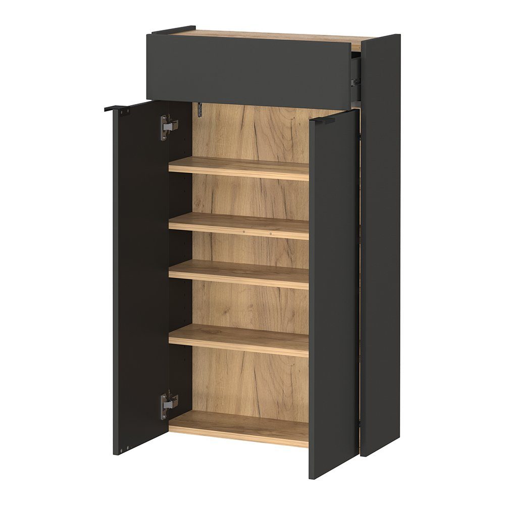Lomadox Schuhschrank ABERDEEN-01 graphit mit Eiche Nb., ideal für schmale Flure, 56/97/22 cm