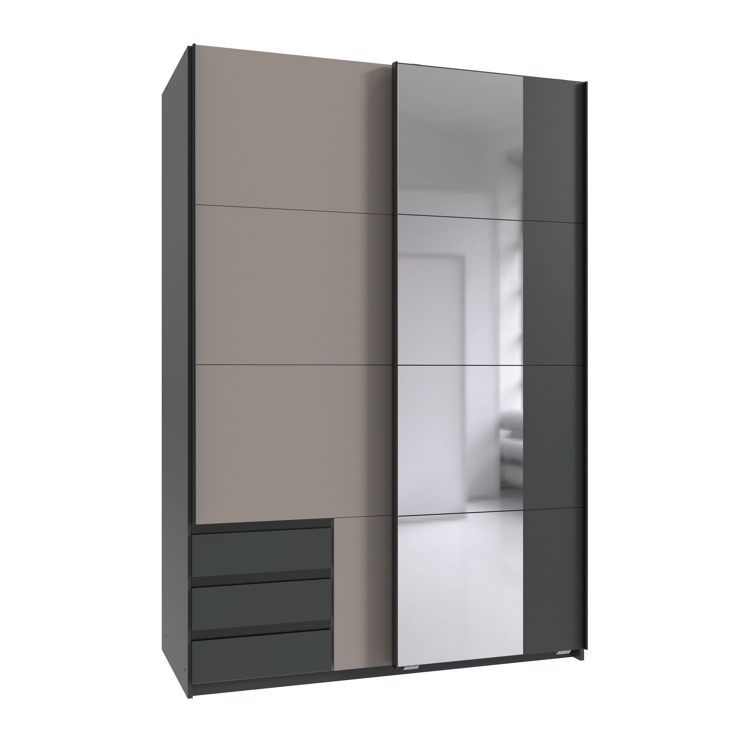 freiraum Schwebetürenschrank Emden 3 Schübe, Spiegel / GRAPHIT + SAHARAGRAU - 135x198x65cm (BxHxT)