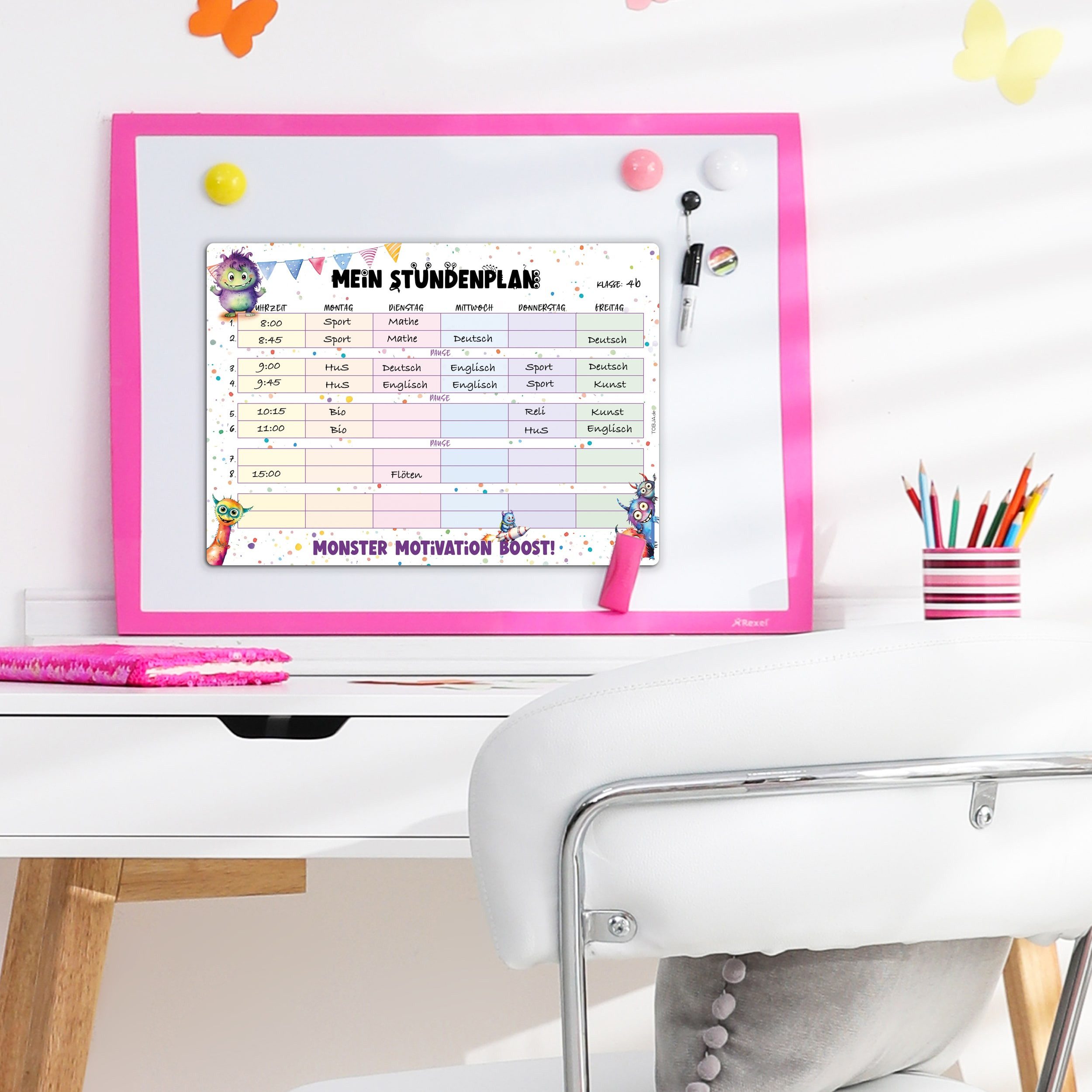 TOBJA Magnettafel Magnetischer Stundenplan Monster Design inkl. Stift, abwischbar magnetisch Wochenplaner Mädchen u. Jungen – Bild 5 von 5