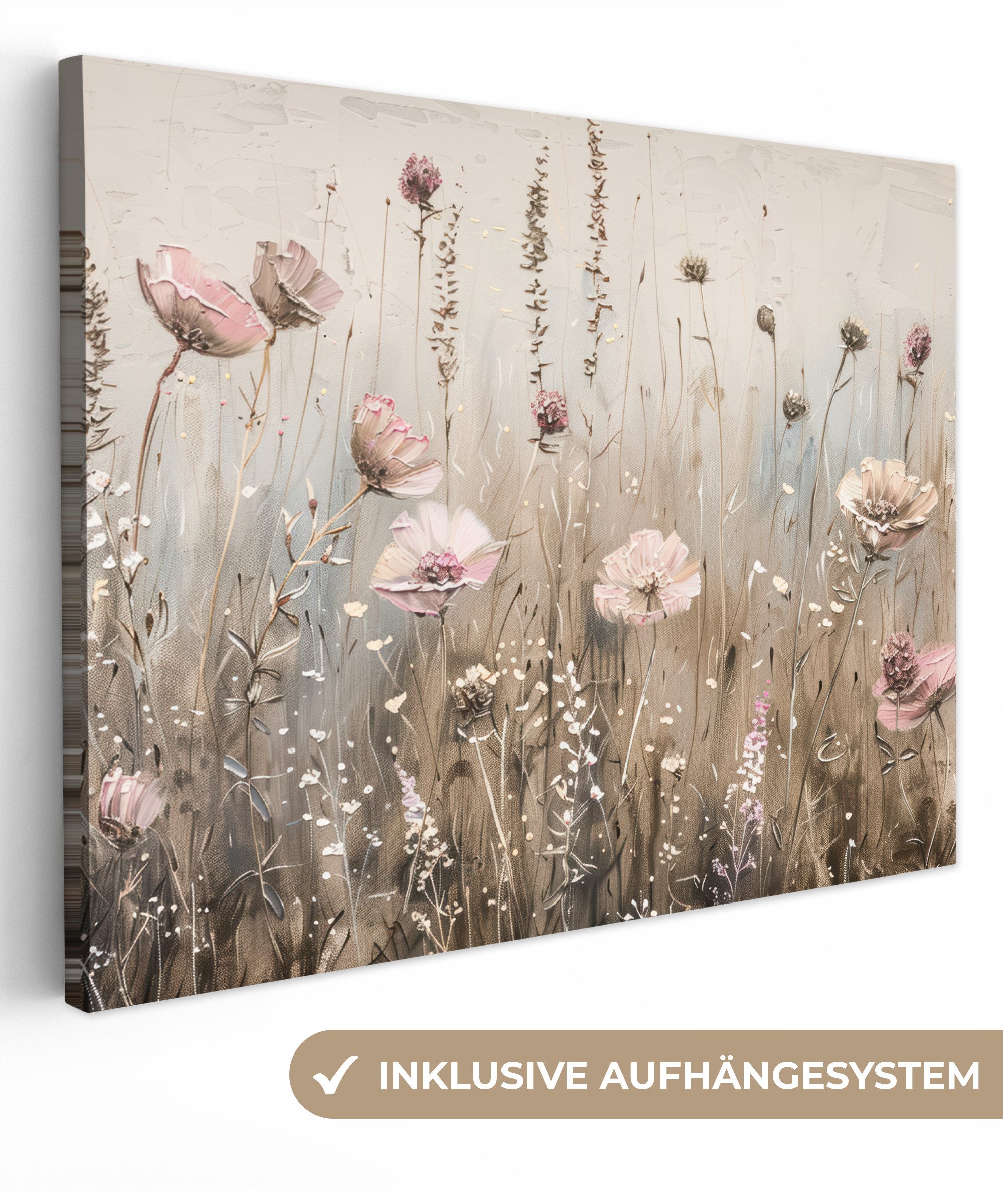 OneMillionCanvasses® Leinwandbild Blumen - Rosa - Modern - Beige, Fotodruck (1 St), Wandbild Leinwandbilder, Aufhängefertig, Wanddeko 40x30 cm